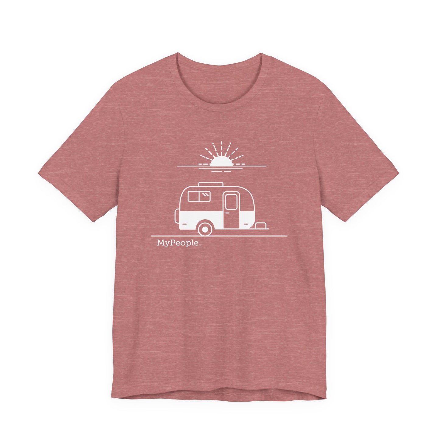 Line illustration of a vintage fiberglass trailer with a setting sun, with the word MyPeople underneath on a unisex garment.