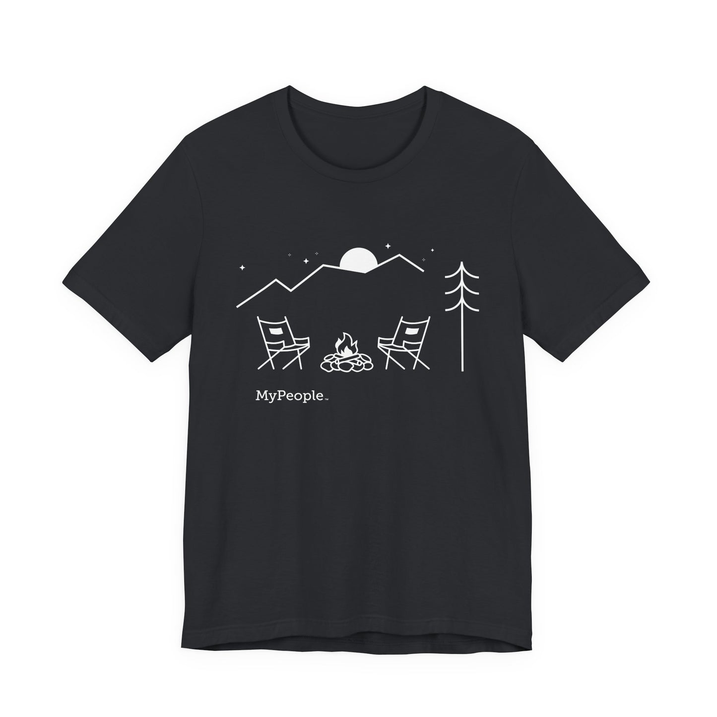 Line illustration of two chairs by a campfire under a tree with mountains and a night sky, with the word MyPeople underneath on a unisex garment.