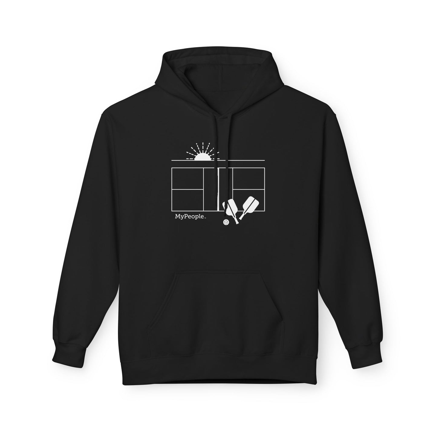  line illustration of a pickleball court with paddles, a ball, and a setting sun, with the word MyPeople underneath on a unisex hoodie.
