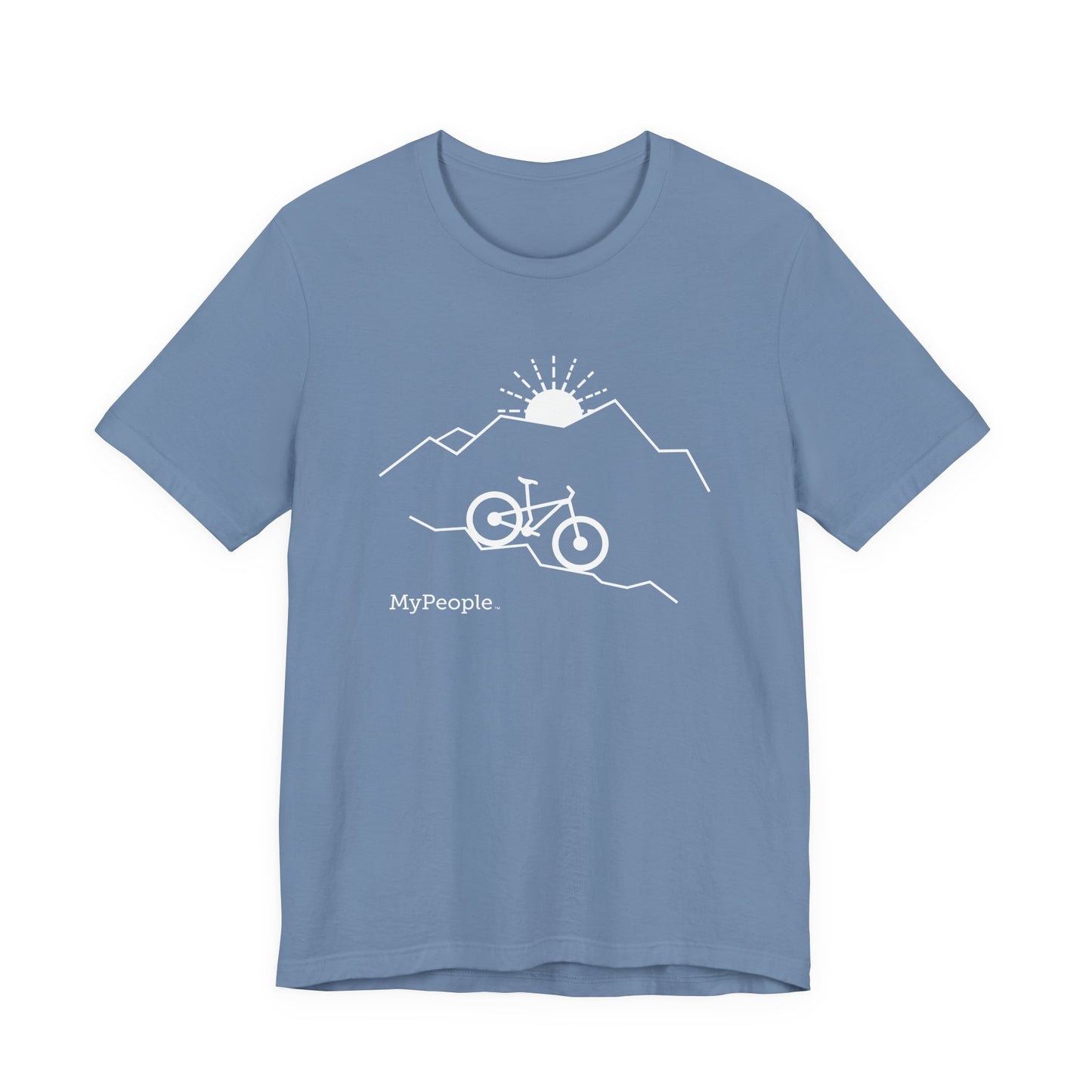 Line illustration of a mountain bike on a downhill slope with mountains and a setting sun, with the word MyPeople underneath on a unisex garment.