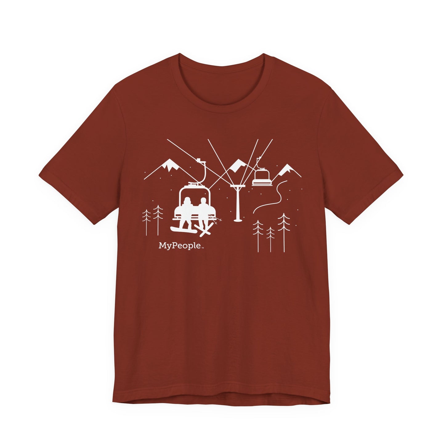 Line illustration of a snowboarder and skier on a chairlift with snowy peaks behind them, with the word MyPeople underneath on a unisex garment.