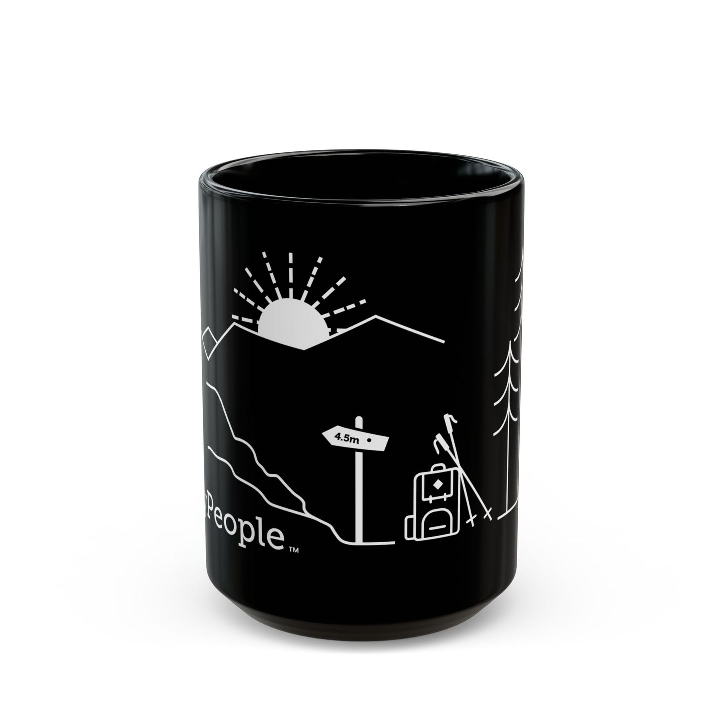 Line illustration of a backpack and hiking poles beside a trail sign, with a tree, mountains, and a setting sun, with the word MyPeople underneath printed on a ceramic mug.