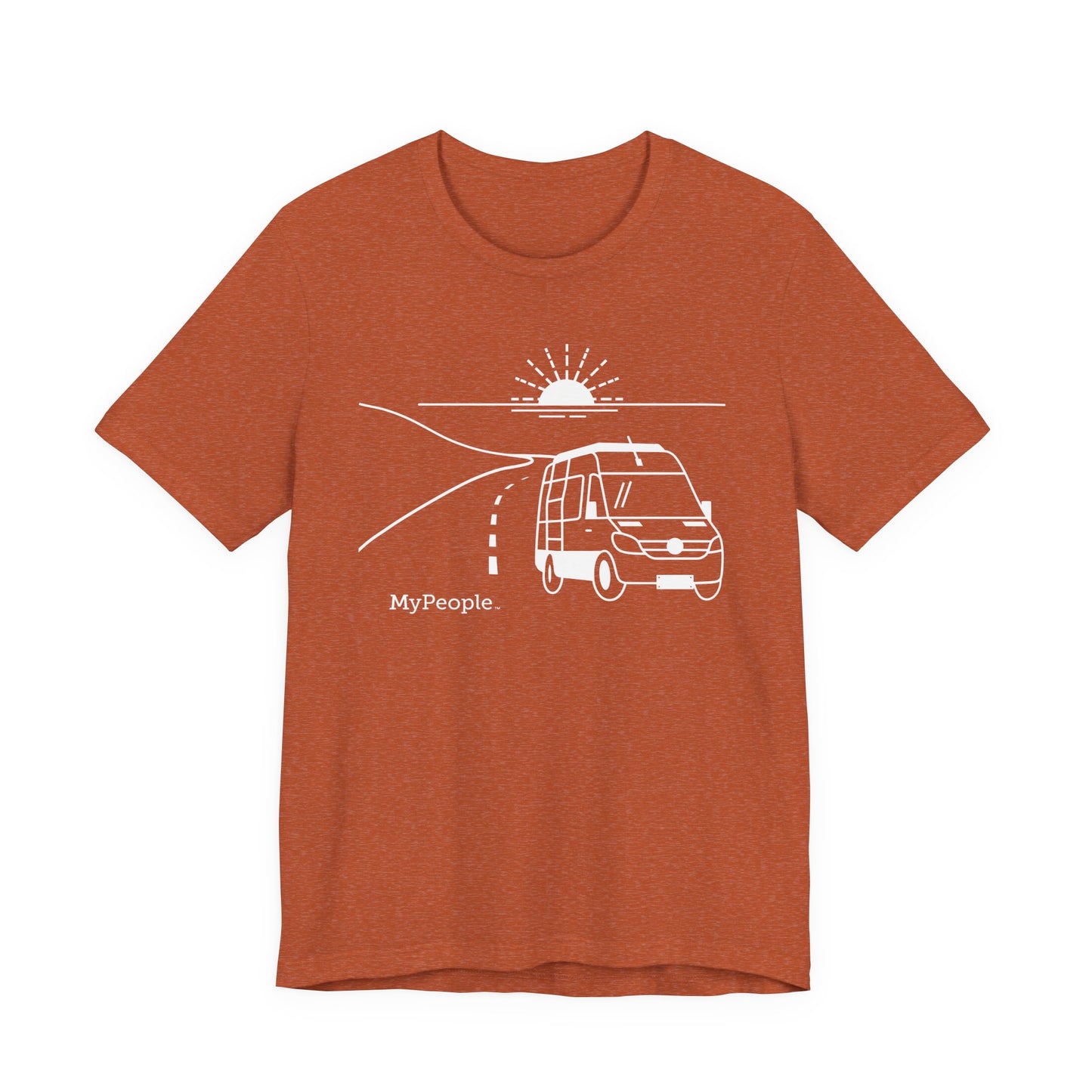 Line illustration of a camper van on a highway with a setting sun, with the word MyPeople underneath on a unisex garment.