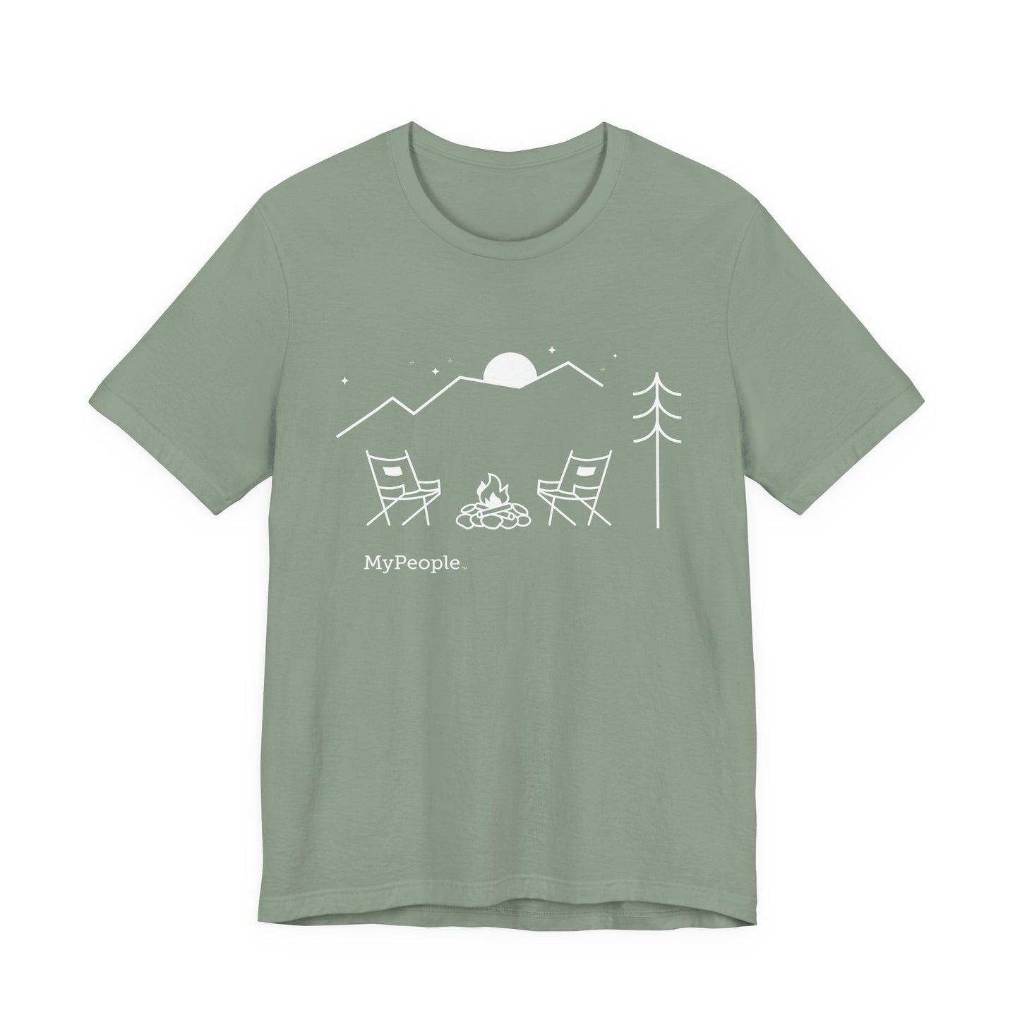 Line illustration of two chairs by a campfire under a tree with mountains and a night sky, with the word MyPeople underneath on a unisex garment.