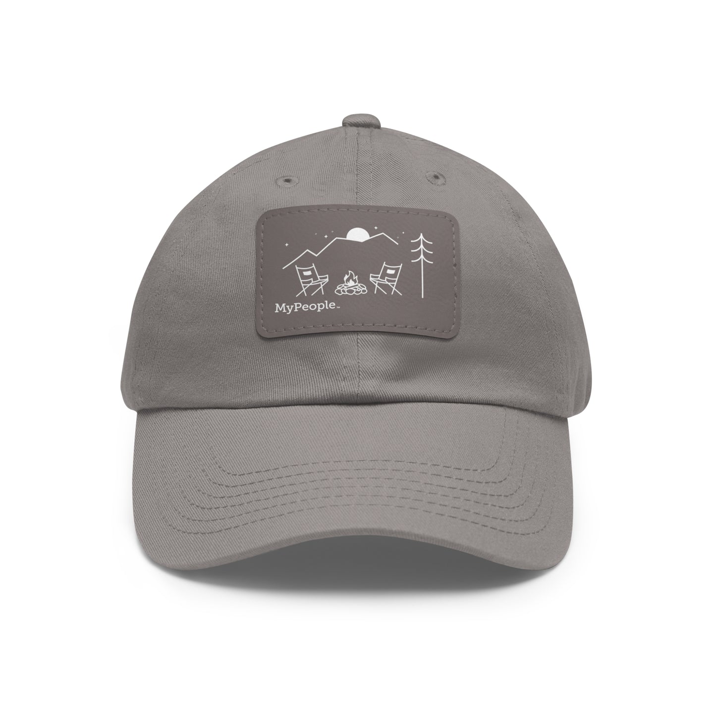 Hat with a leather patch printed with the MyPeople Campfire line illustration.
