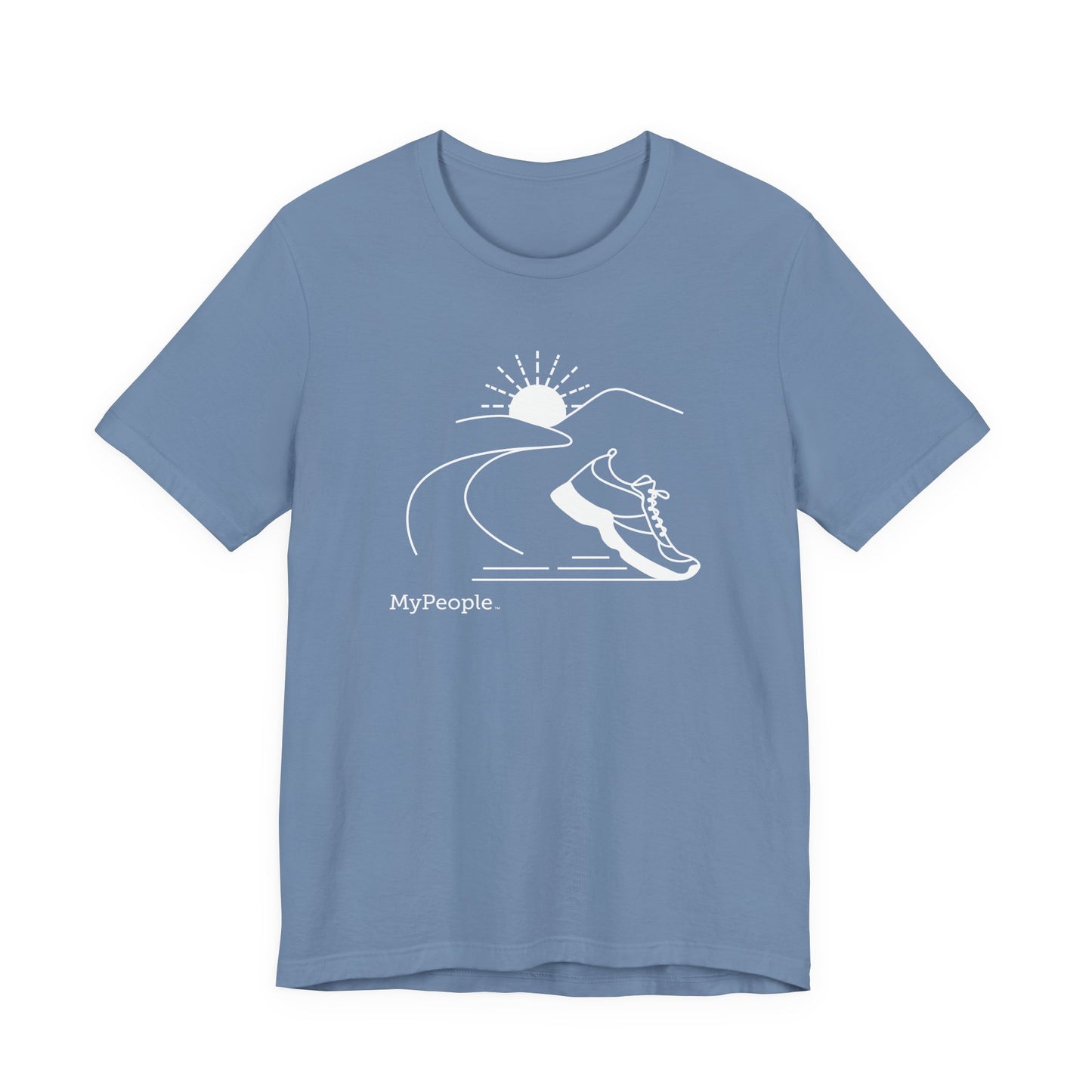 Line illustration of a running shoe with a road leading to mountains and a setting sun, with the word MyPeople underneath on a unisex garment.