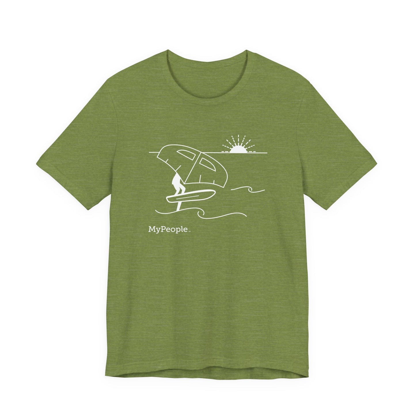 Line illustration of a person wing foiling on the water with a setting sun, with the word MyPeople underneath on a unisex garment.