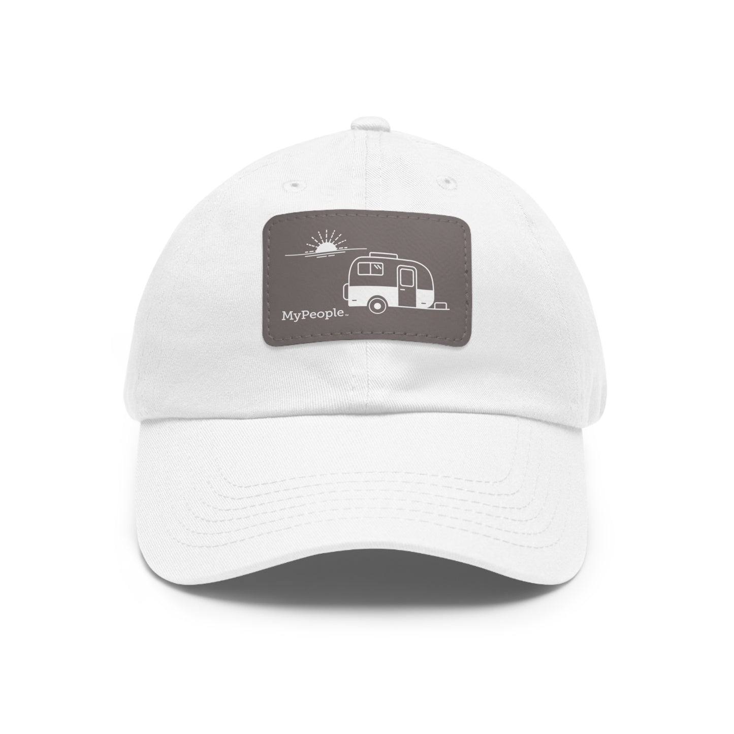 Hat with a leather patch printed with the MyPeople Vintage Trailer line illustration.
