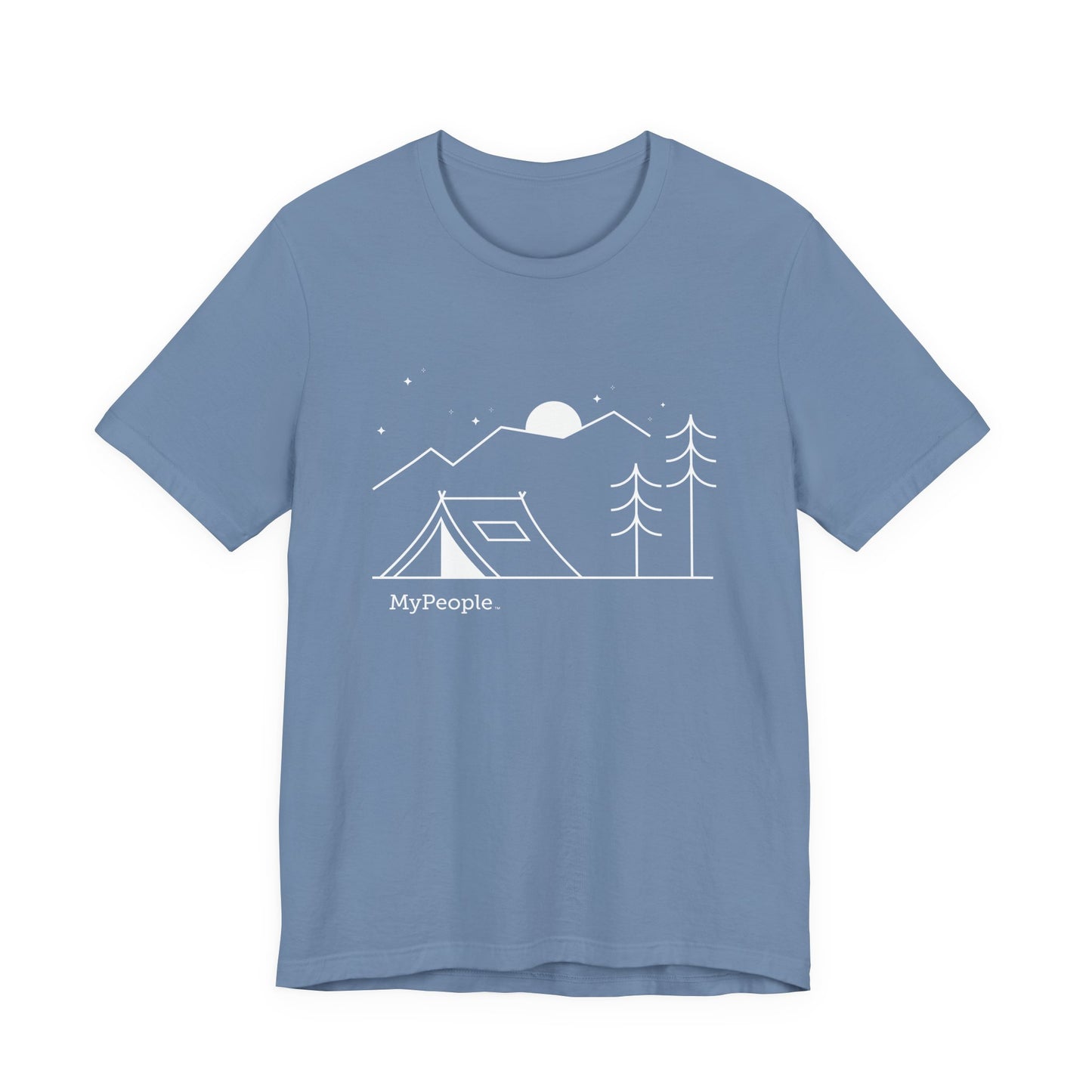 Line illustration of a tent beneath a tree with mountains, stars, and a moon, with the word MyPeople underneath on a unisex garment.