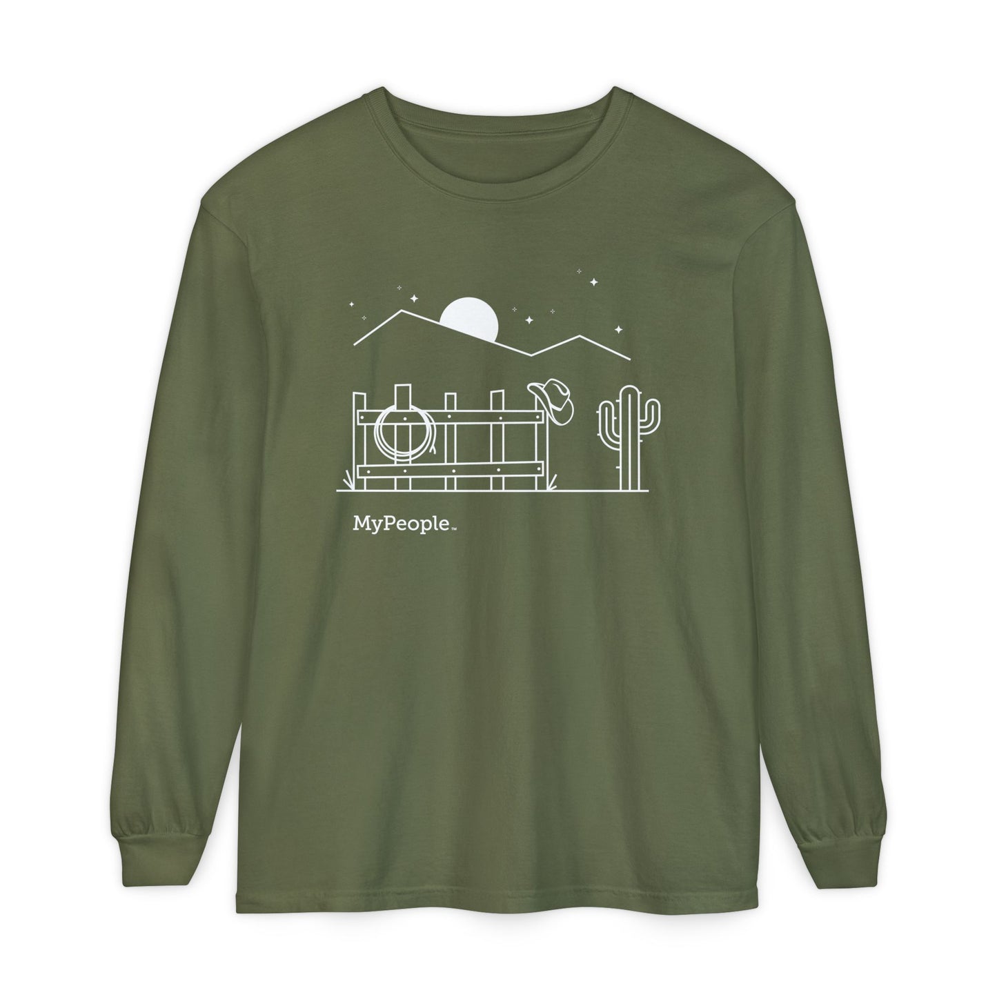Line illustration of a fence with a cowboy hat, rope, and boots under a night sky, with the word MyPeople underneath on a unisex garment.
