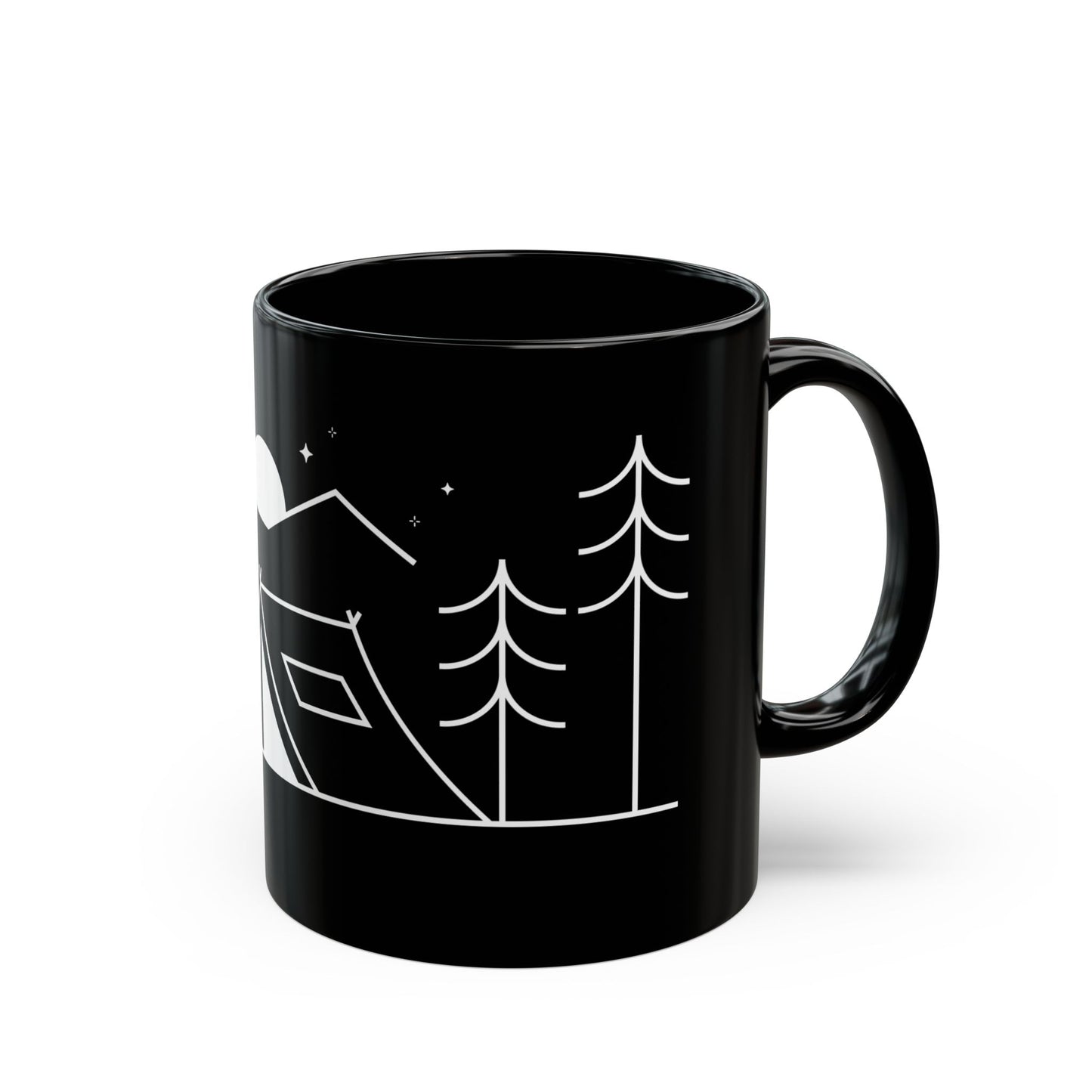 Side view of a ceramic mug with the MyPeople Tent Camping line illustration, handle on the right.
