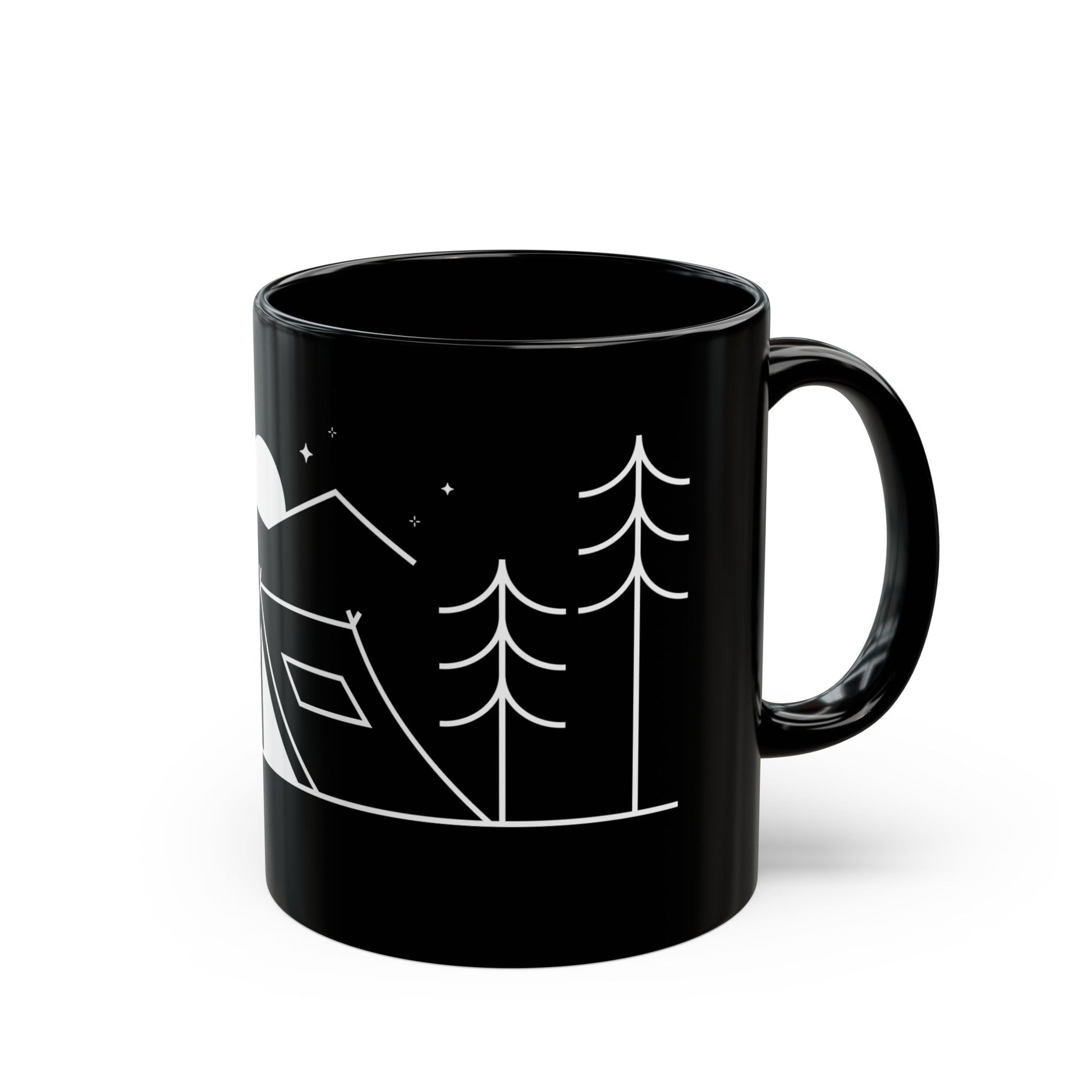 Side view of a ceramic mug with the MyPeople Tent Camping line illustration, handle on the right.
