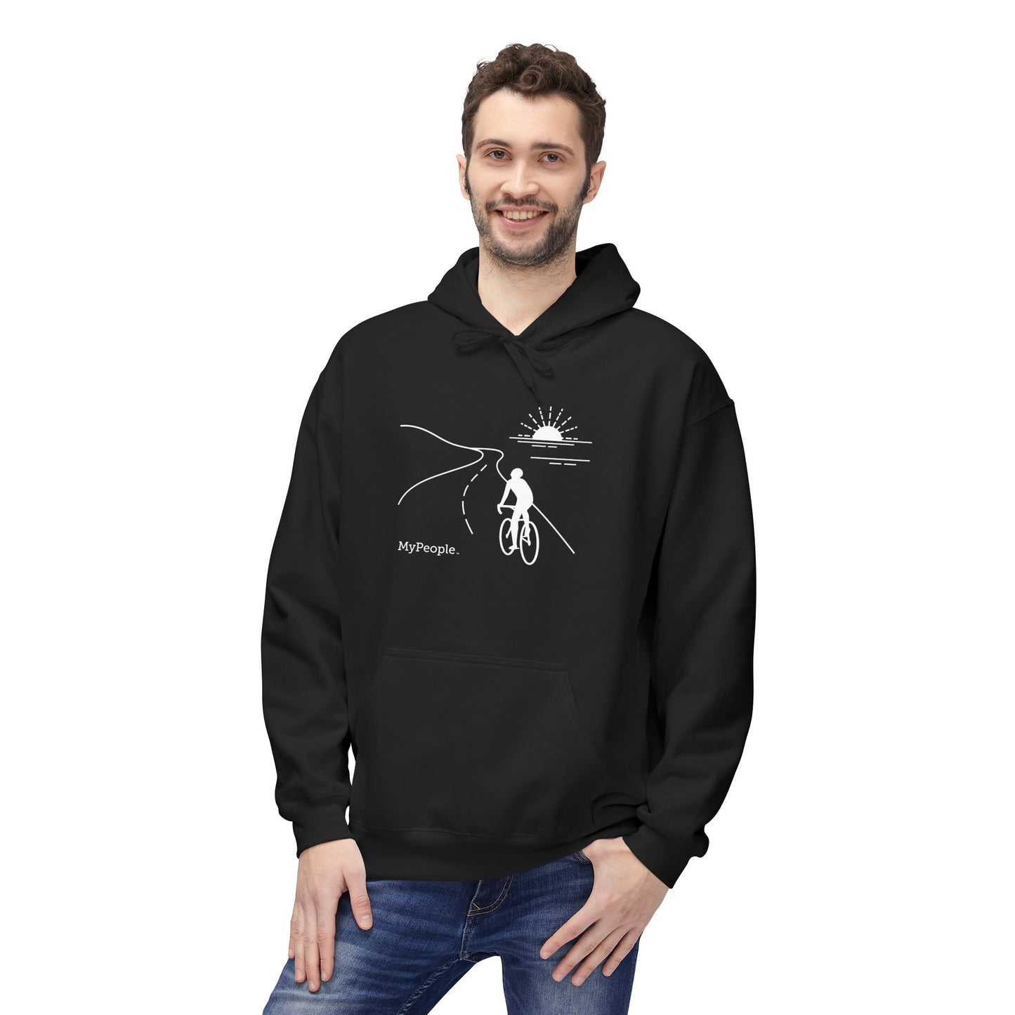 Person wearing a unisex hoodie showing the front view with the MyPeople Cycling line illustration.
