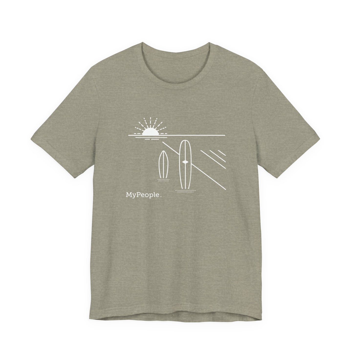 Line illustration of two surfboards standing upright in the sand with a setting sun, with the word MyPeople underneath on a unisex garment.