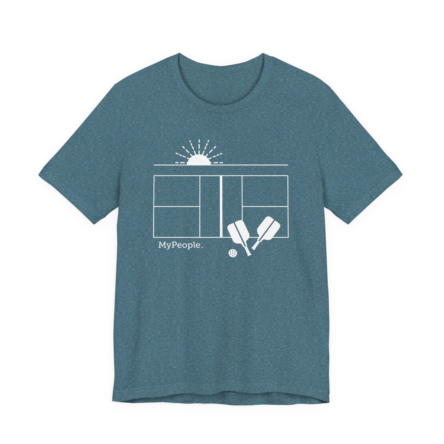 Line illustration of a pickleball court with paddles, a ball, and a setting sun, with the word MyPeople underneath on a unisex garment.