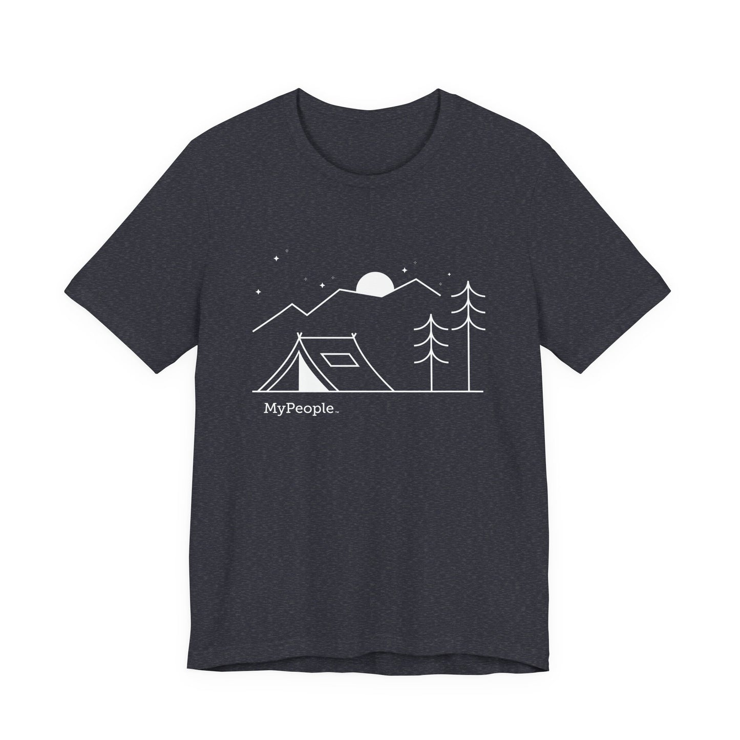Line illustration of a tent beneath a tree with mountains, stars, and a moon, with the word MyPeople underneath on a unisex garment.