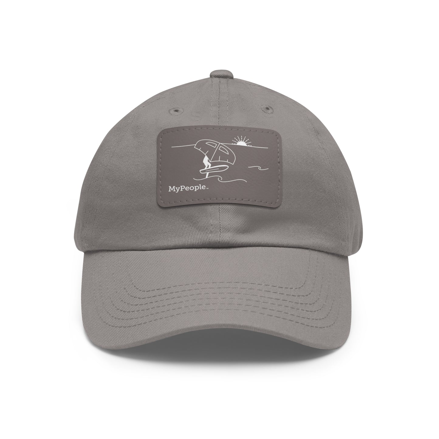 Hat with a leather patch printed with the MyPeople Wing Foiling line illustration.

