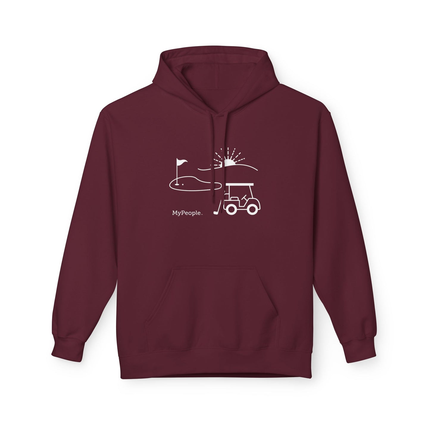 Line illustration of a golf cart, club, and green with a setting sun, with the word MyPeople underneath on a unisex garment.