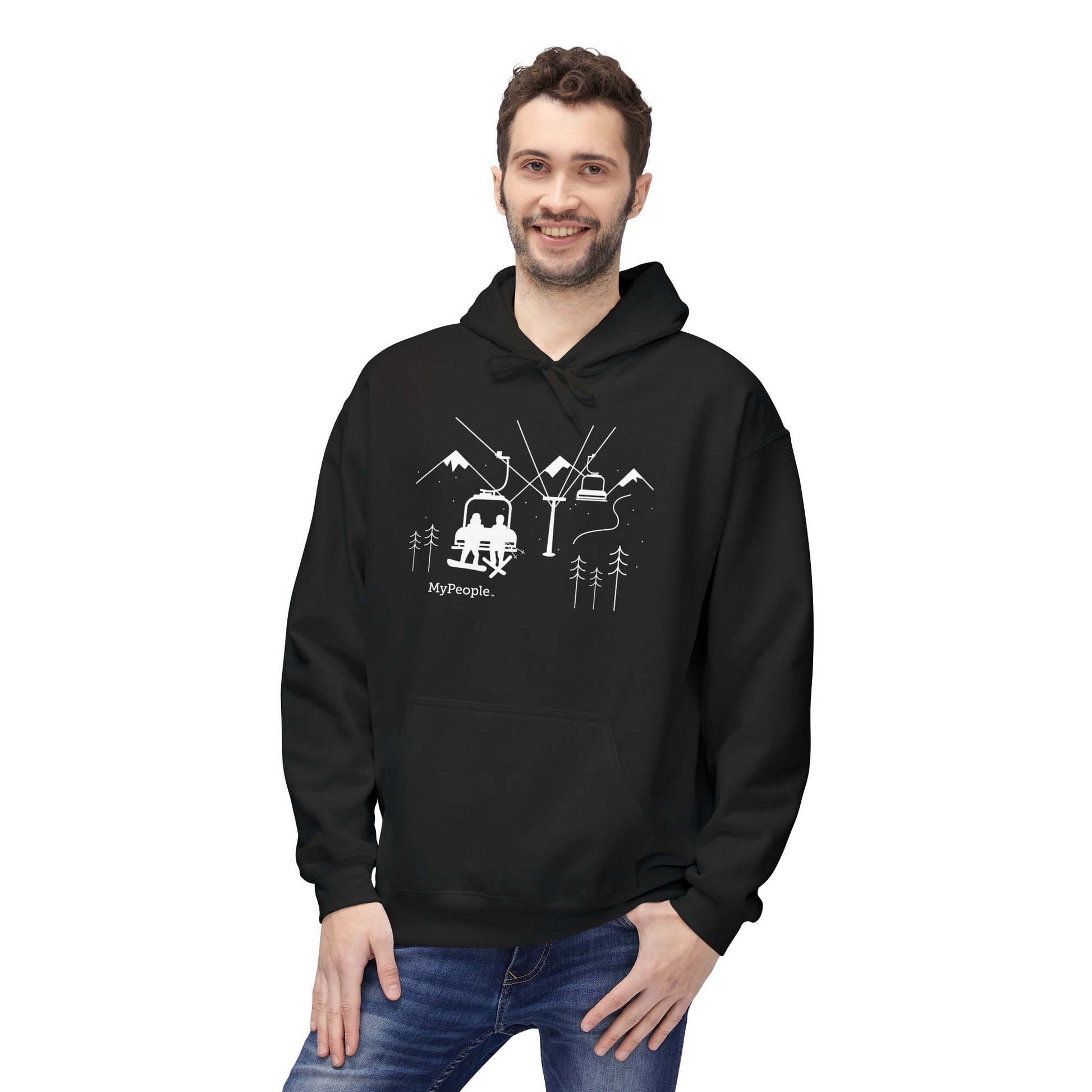 Person wearing a unisex hoodie showing the front view with the MyPeople Snowsports line illustration.

