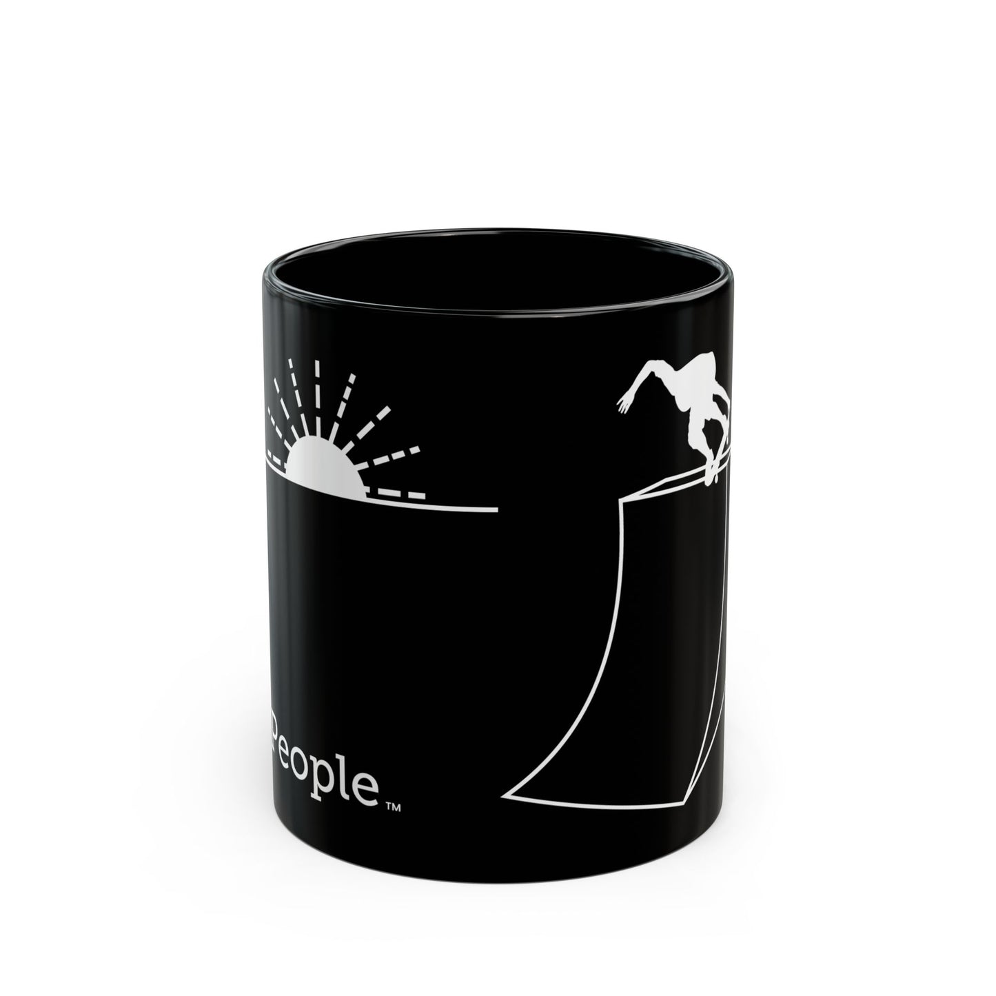 Line illustration of a skater on a ramp with a setting sun behind, with the word MyPeople underneath printed on a ceramic mug.