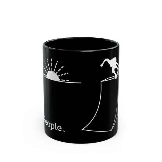 Line illustration of a skater on a ramp with a setting sun behind, with the word MyPeople underneath printed on a ceramic mug.