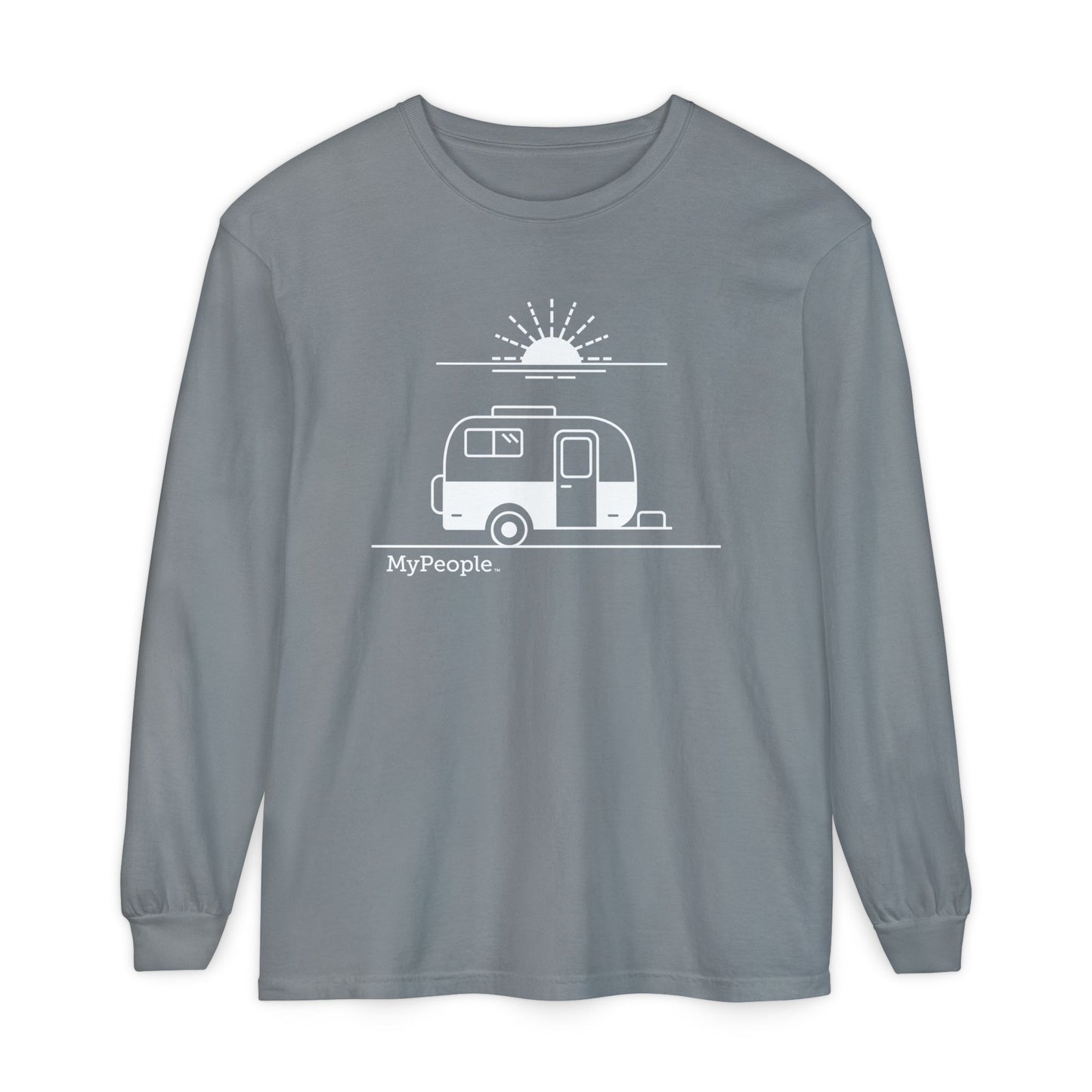 Line illustration of a vintage fiberglass trailer with a setting sun, with the word MyPeople underneath on a unisex garment.