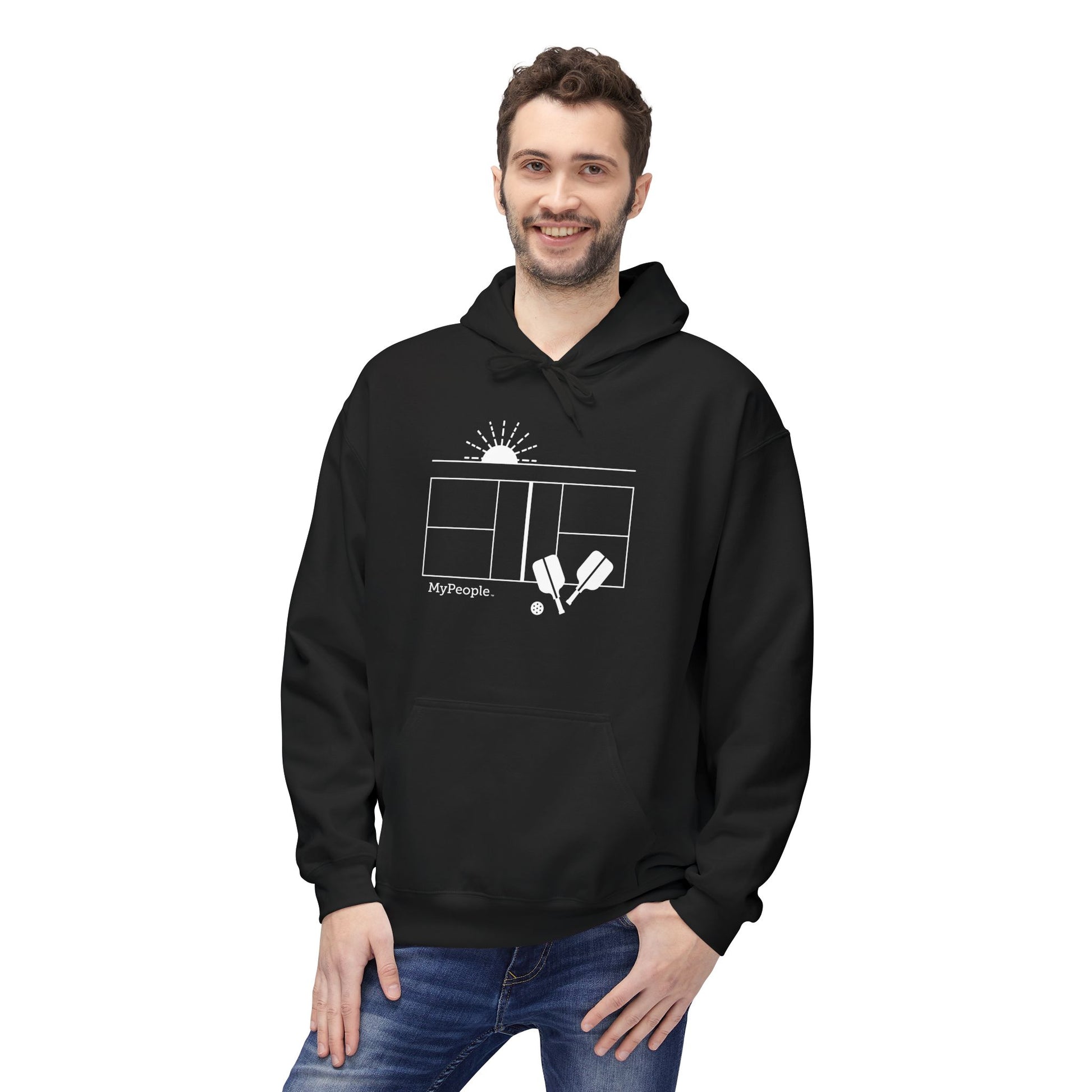 Person wearing a unisex hoodie showing the front view with the MyPeople Pickleball line illustration.
