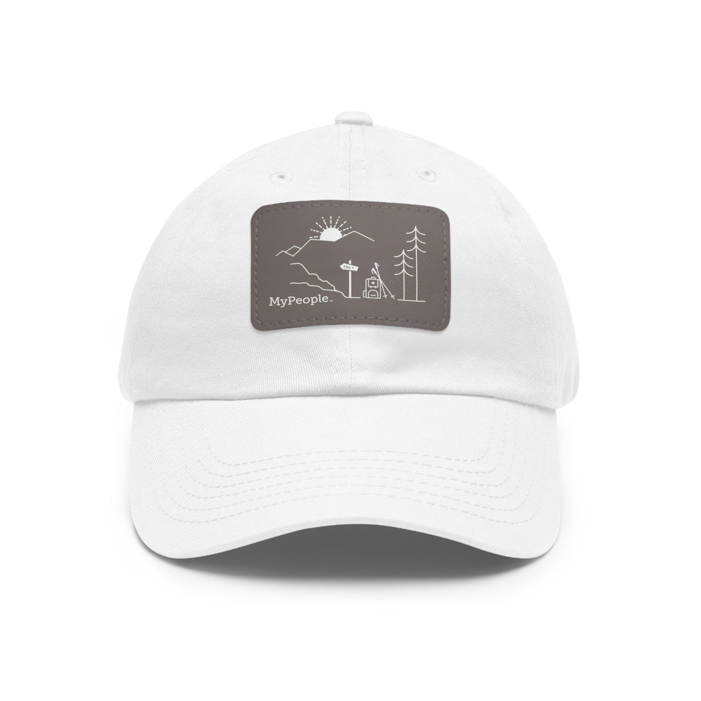 Hat with a leather patch printed with the MyPeople Hiking line illustration.
