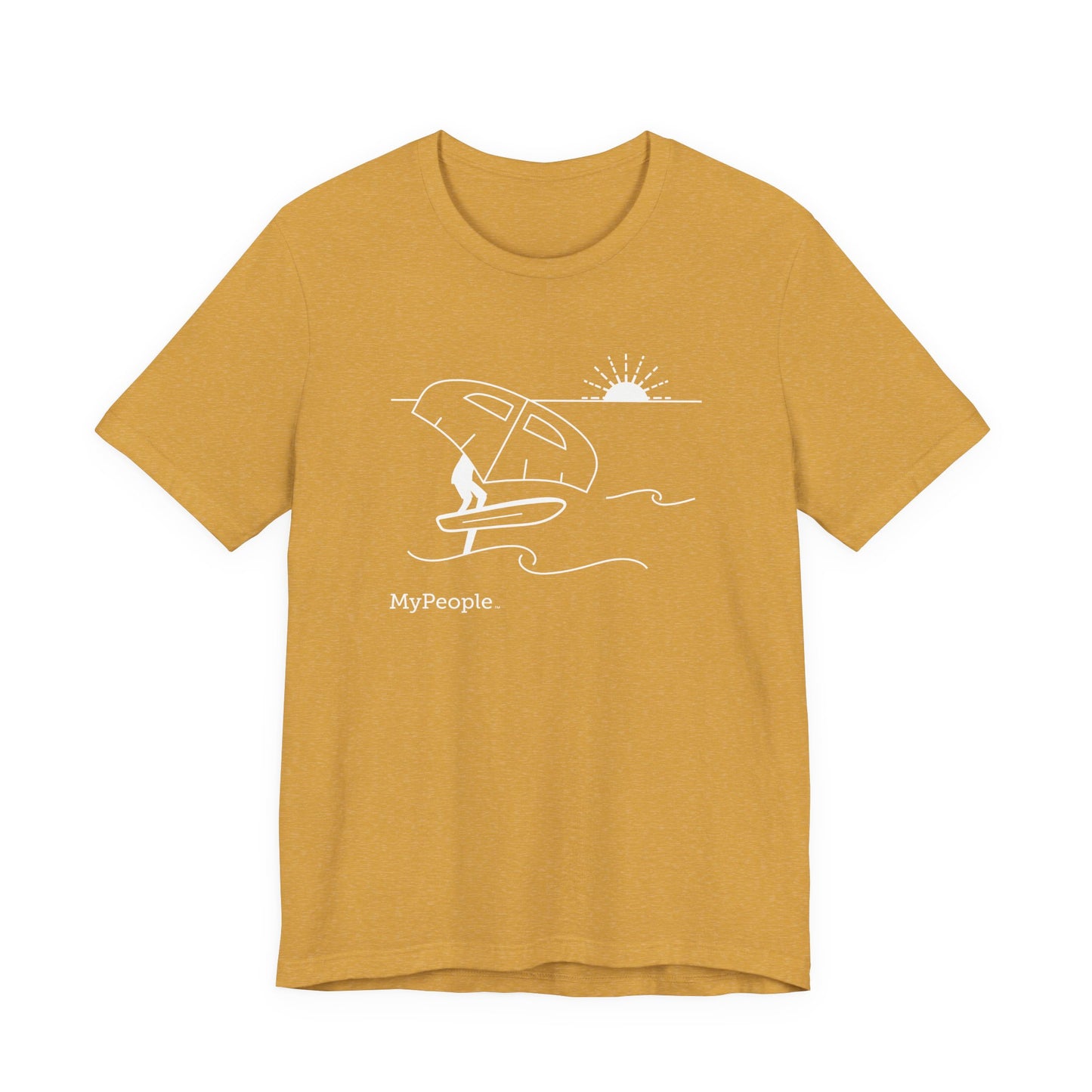 Line illustration of a person wing foiling on the water with a setting sun, with the word MyPeople underneath on a unisex garment.