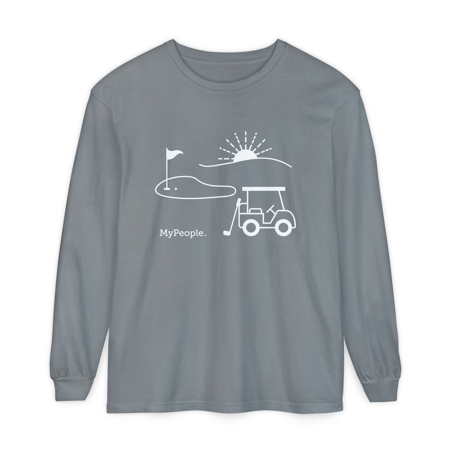 Line illustration of a golf cart, club, and green with a setting sun, with the word MyPeople underneath on a unisex garment.