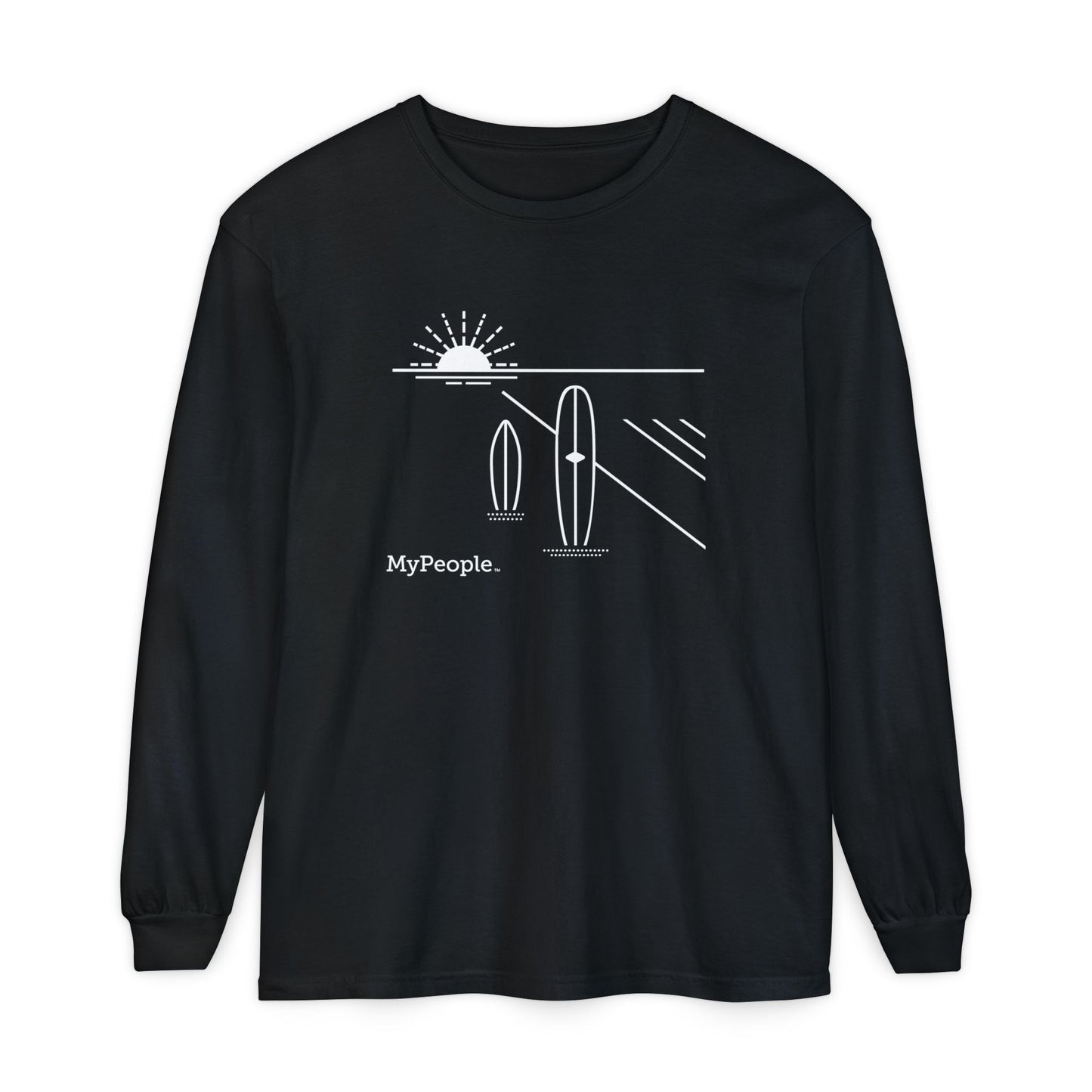 Line illustration of two surfboards standing upright in the sand with a setting sun behind, with the word MyPeople underneath on a unisex long-sleeve shirt.