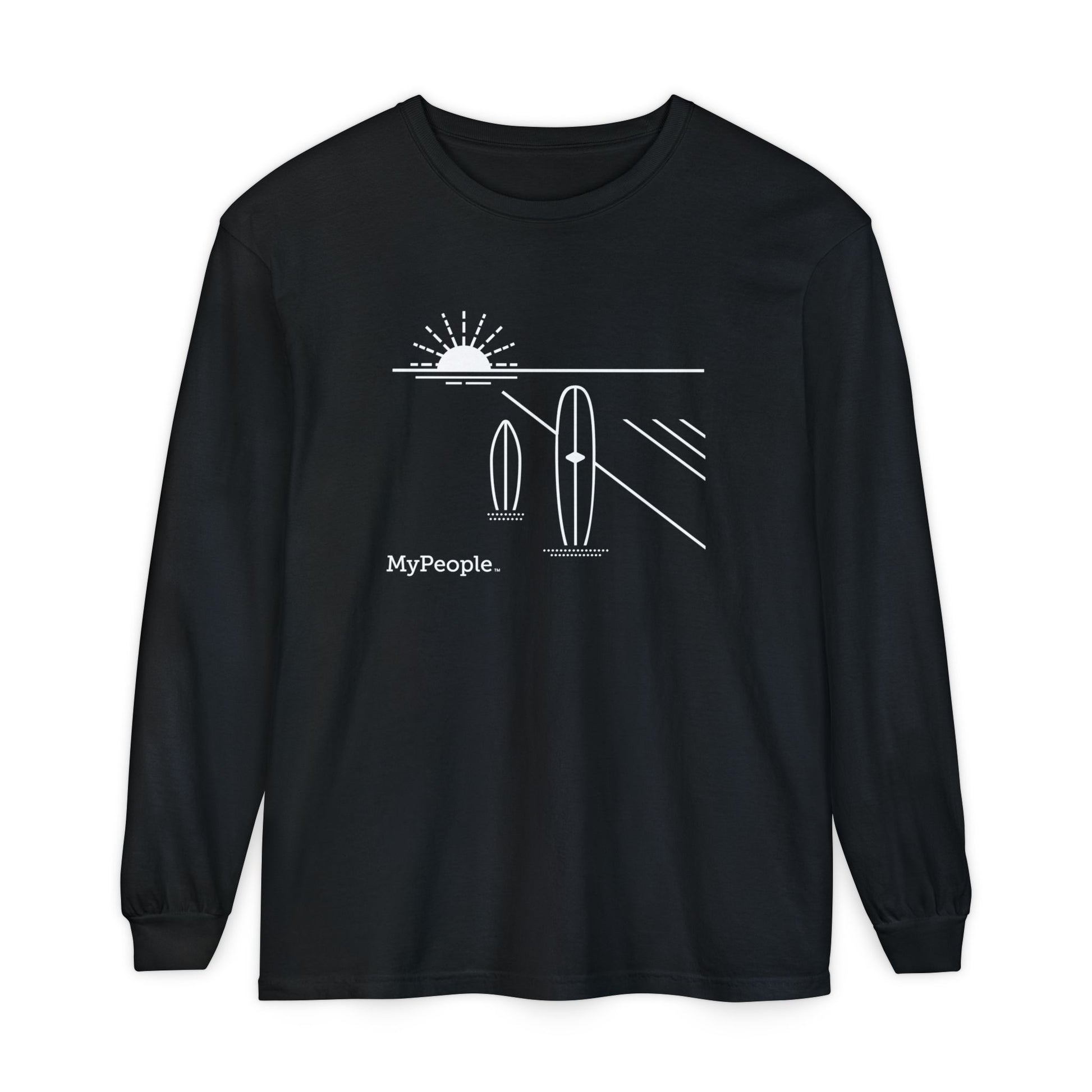 Line illustration of two surfboards standing upright in the sand with a setting sun behind, with the word MyPeople underneath on a unisex long-sleeve shirt.