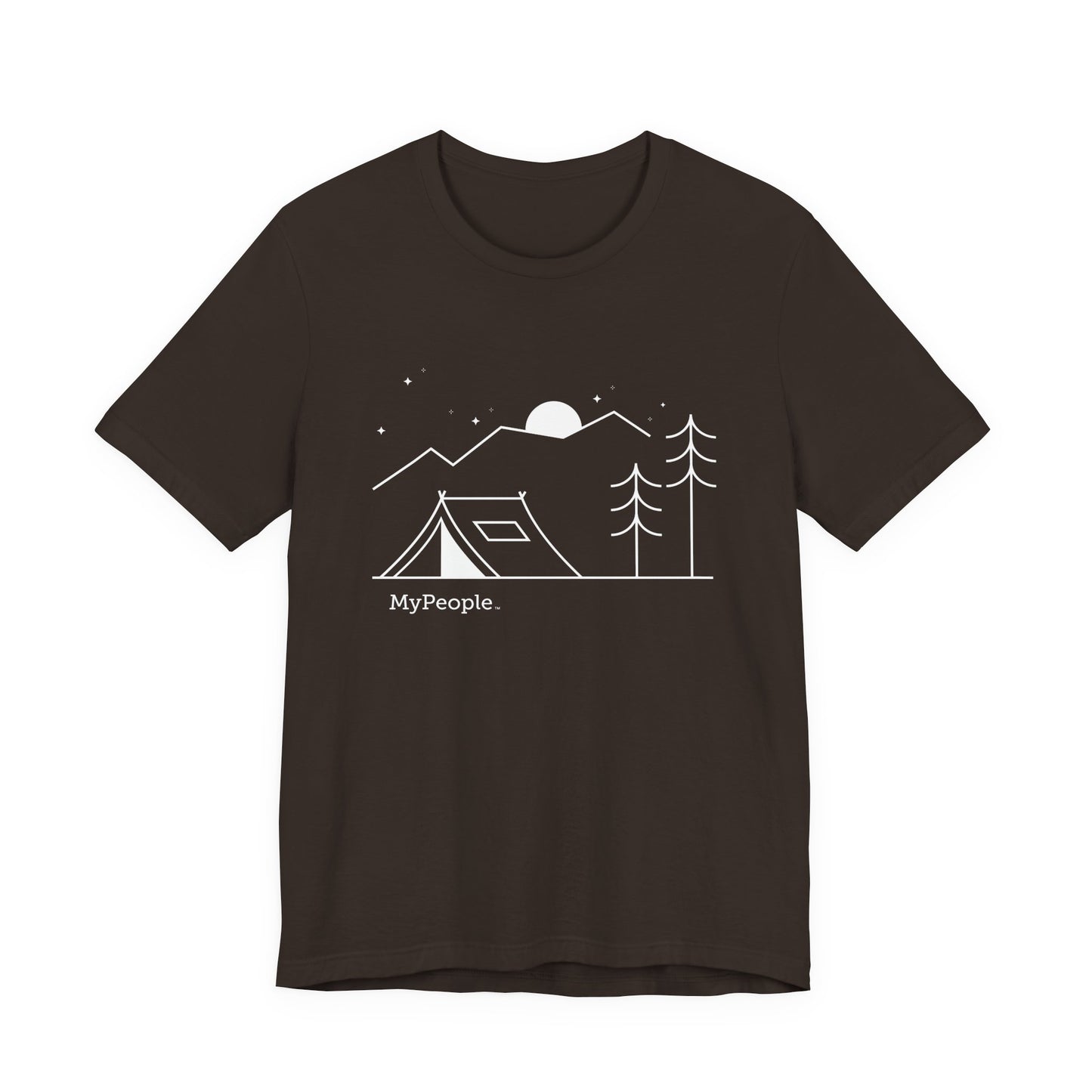 Line illustration of a tent beneath a tree with mountains, stars, and a moon, with the word MyPeople underneath on a unisex garment.
