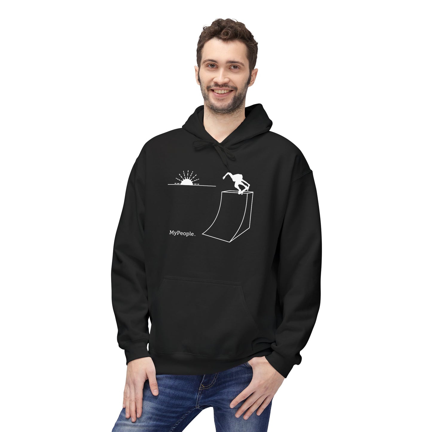Person wearing a unisex hoodie showing the front view with the MyPeople Skating line illustration.
