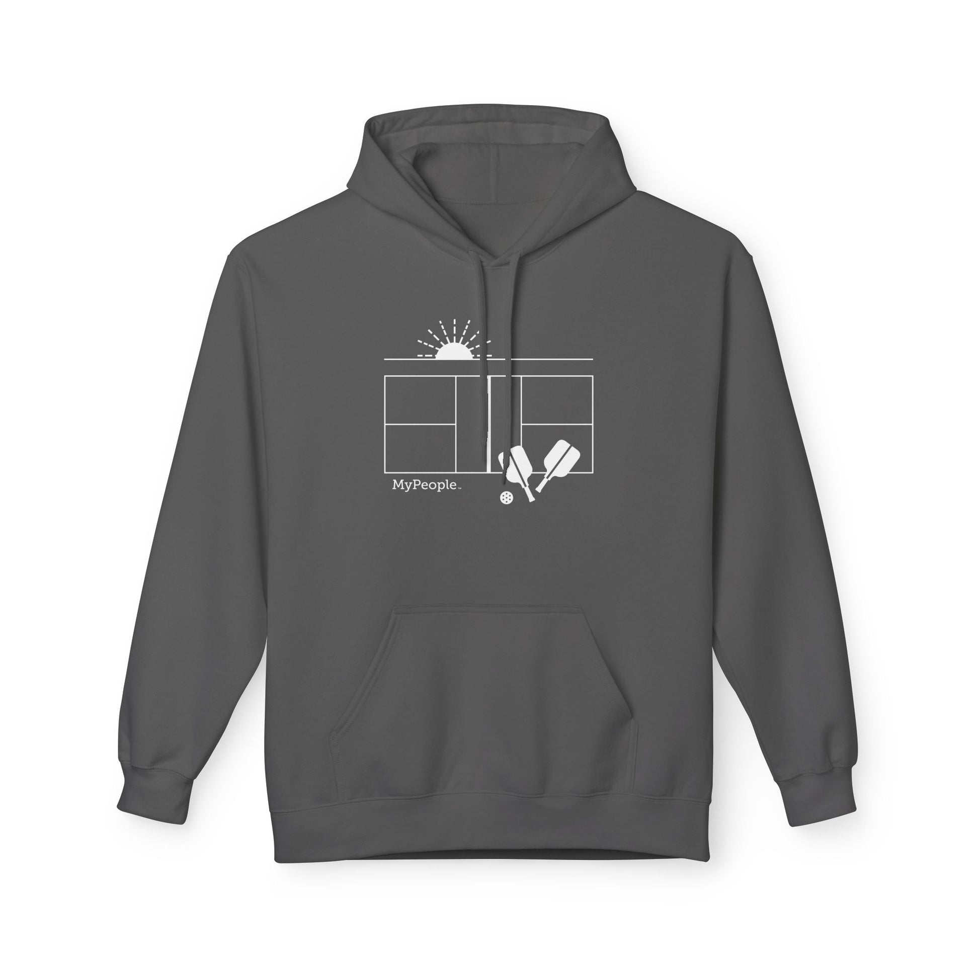 Line illustration of a pickleball court with paddles, a ball, and a setting sun, with the word MyPeople underneath on a unisex garment.