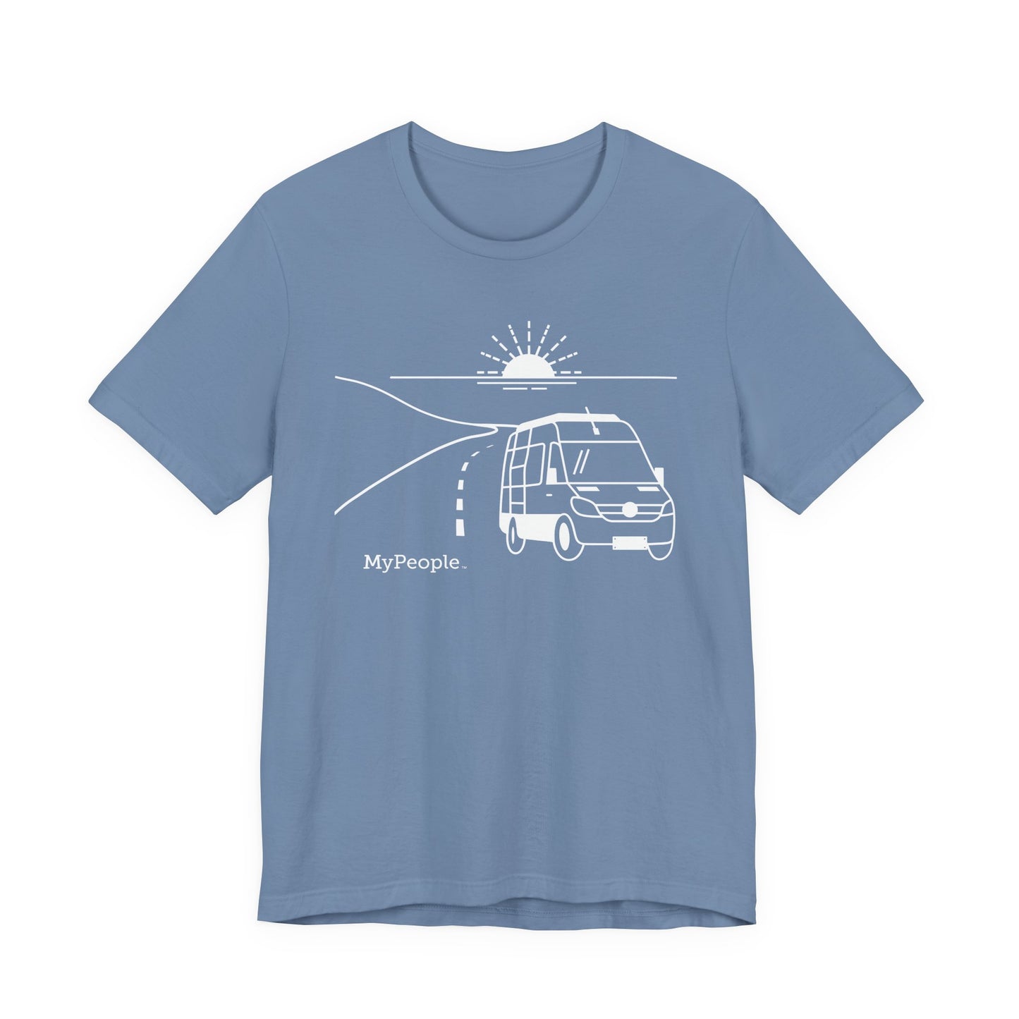Line illustration of a camper van on a highway with a setting sun, with the word MyPeople underneath on a unisex garment.
