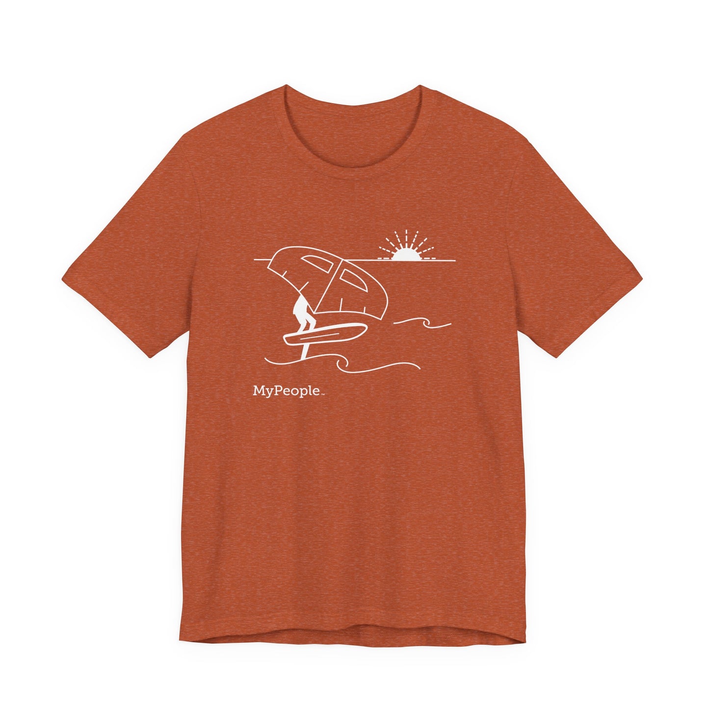 Line illustration of a person wing foiling on the water with a setting sun, with the word MyPeople underneath on a unisex garment.