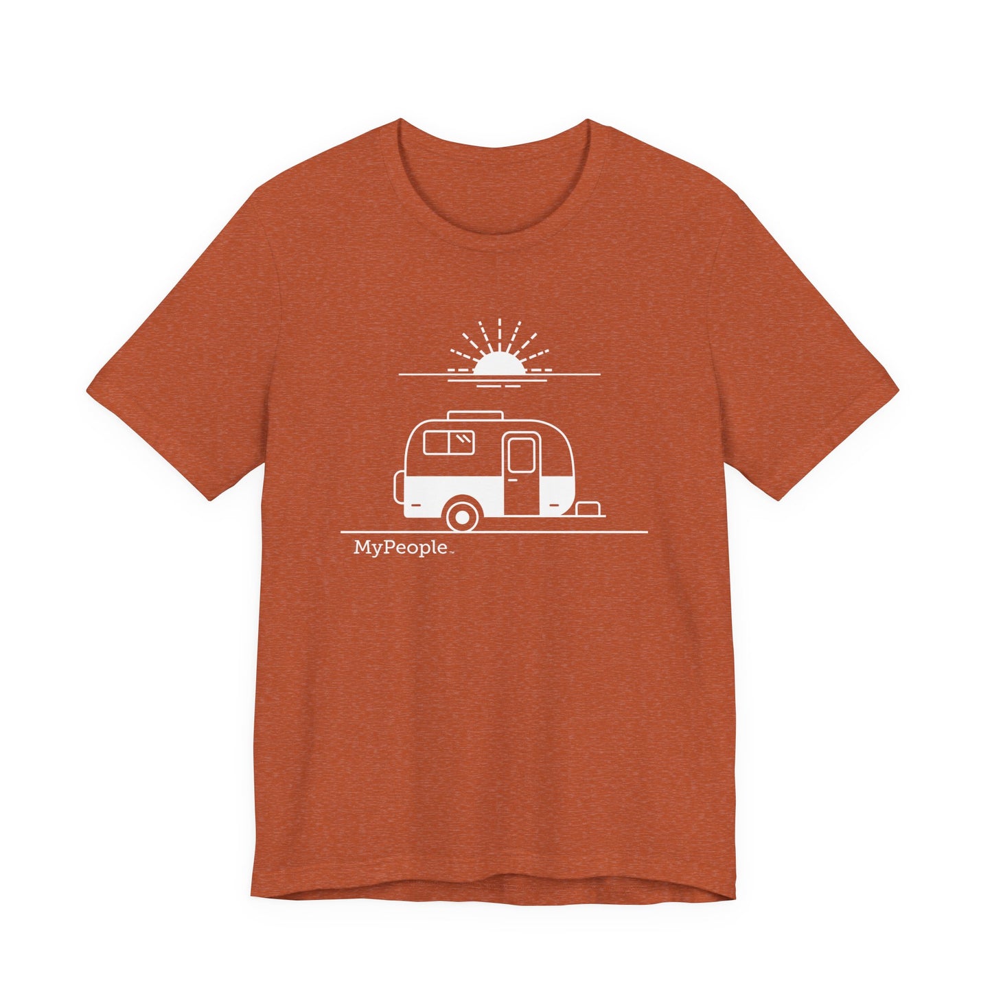 Line illustration of a vintage fiberglass trailer with a setting sun, with the word MyPeople underneath on a unisex garment.