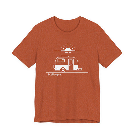 Line illustration of a vintage fiberglass trailer with a setting sun, with the word MyPeople underneath on a unisex garment.