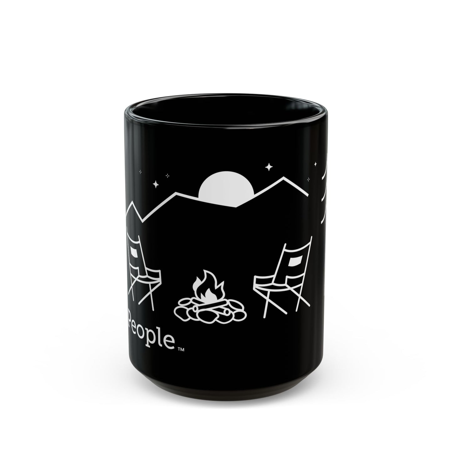 Line illustration of two chairs by a campfire under a tree, with mountains, stars, and a moon in the night sky, with the word MyPeople underneath printed on a ceramic mug.