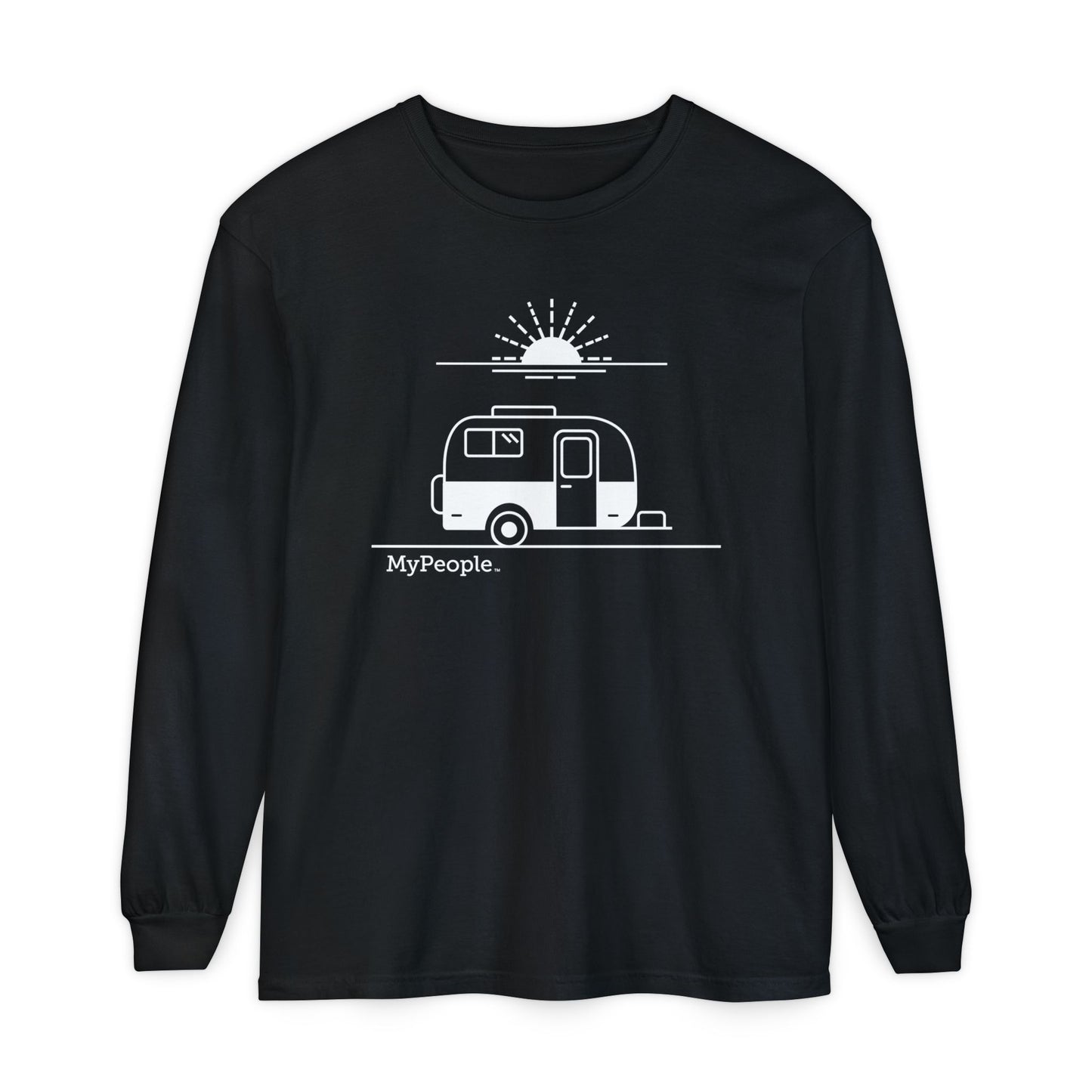 Line illustration of a classic vintage fiberglass trailer with a setting sun behind it, with the word MyPeople underneath on a unisex long-sleeve shirt.