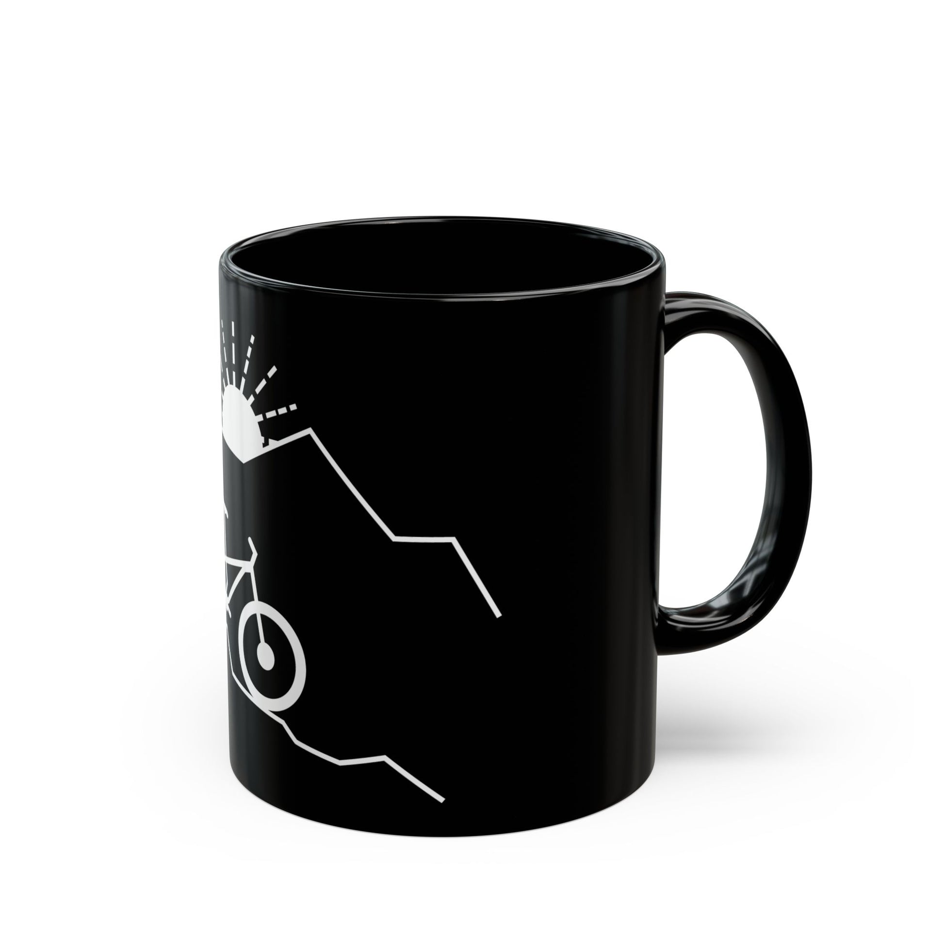 Side view of a ceramic mug with the MyPeople Mountain Biking line illustration, handle on the right.

