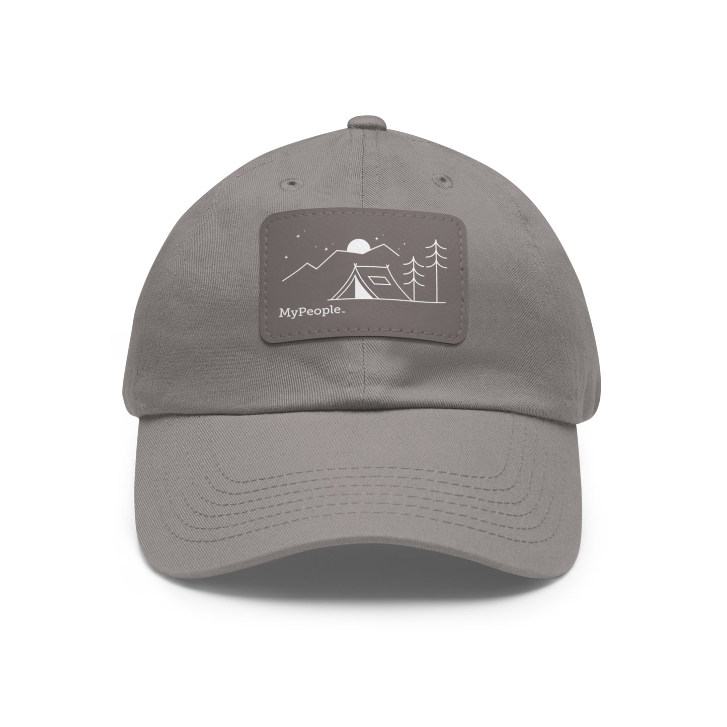 Hat with a leather patch printed with the MyPeople Tent Camping line illustration.
