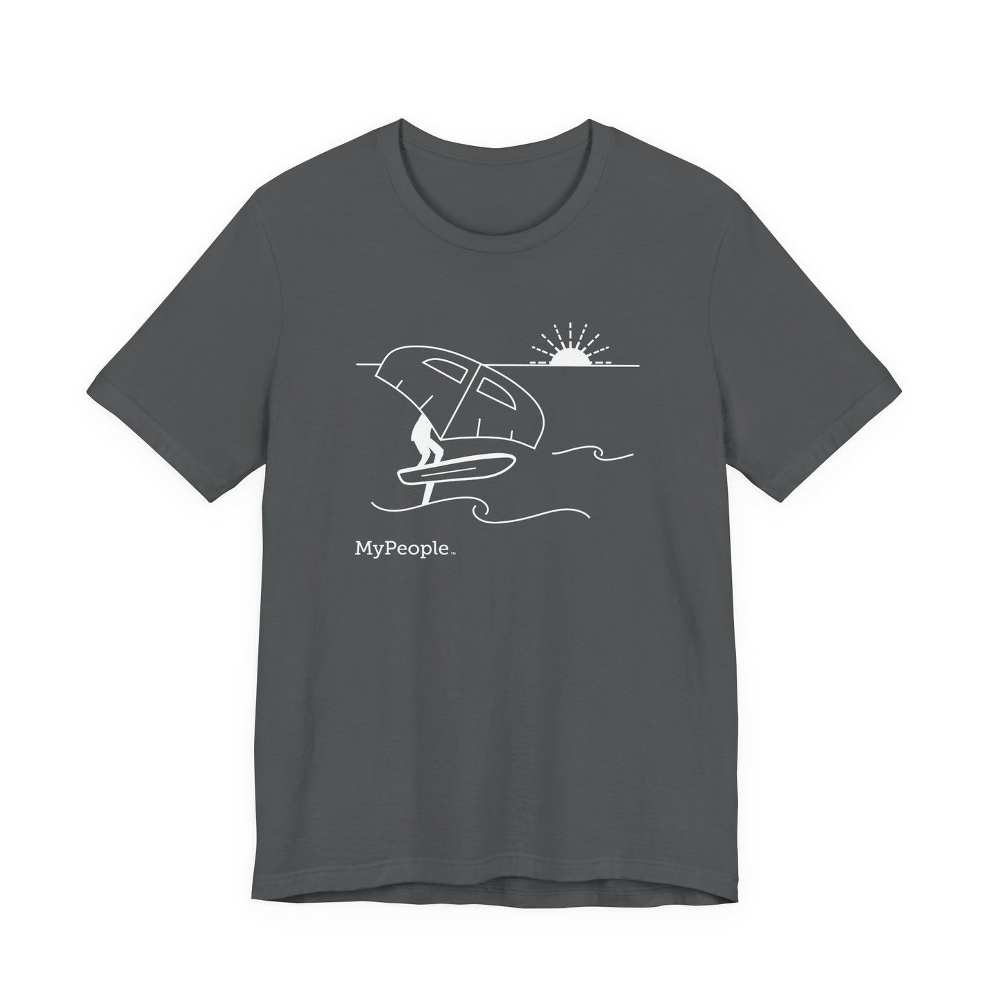 Line illustration of a person wing foiling on the water with a setting sun, with the word MyPeople underneath on a unisex garment.