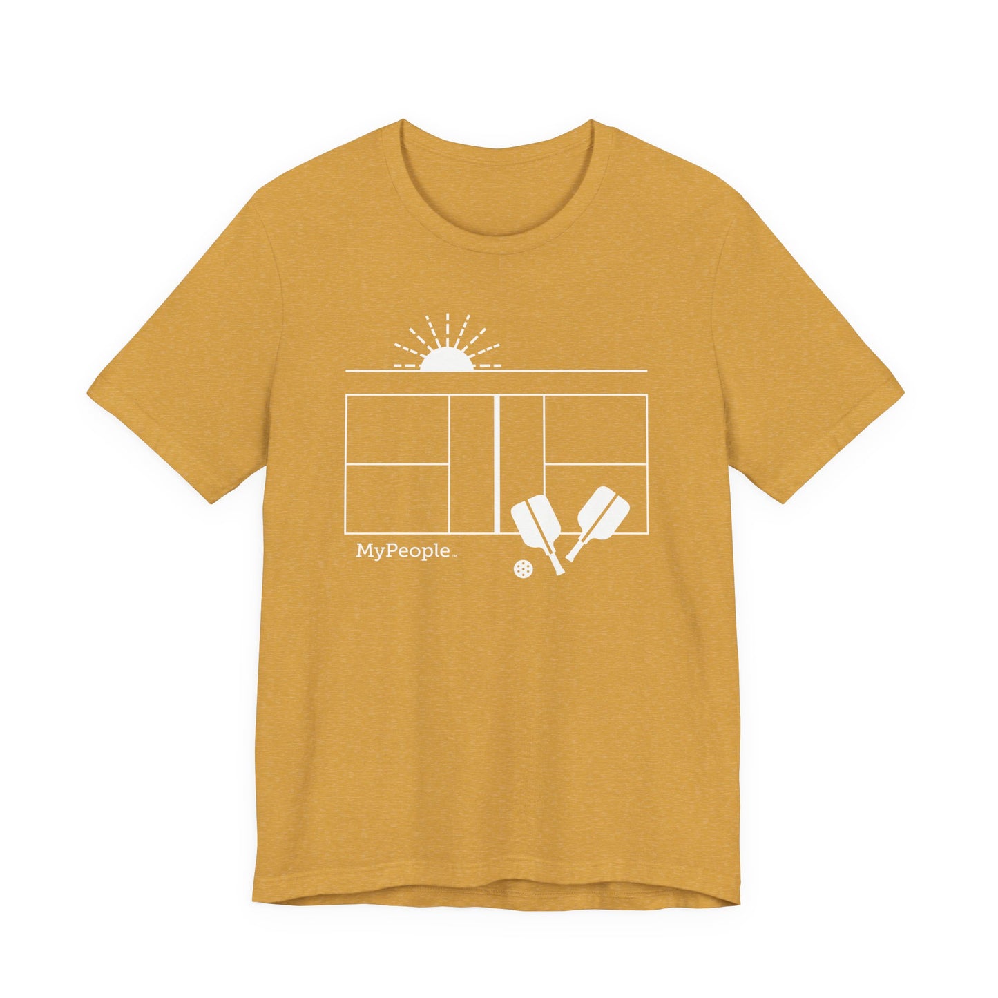 Line illustration of a pickleball court with paddles, a ball, and a setting sun, with the word MyPeople underneath on a unisex garment.