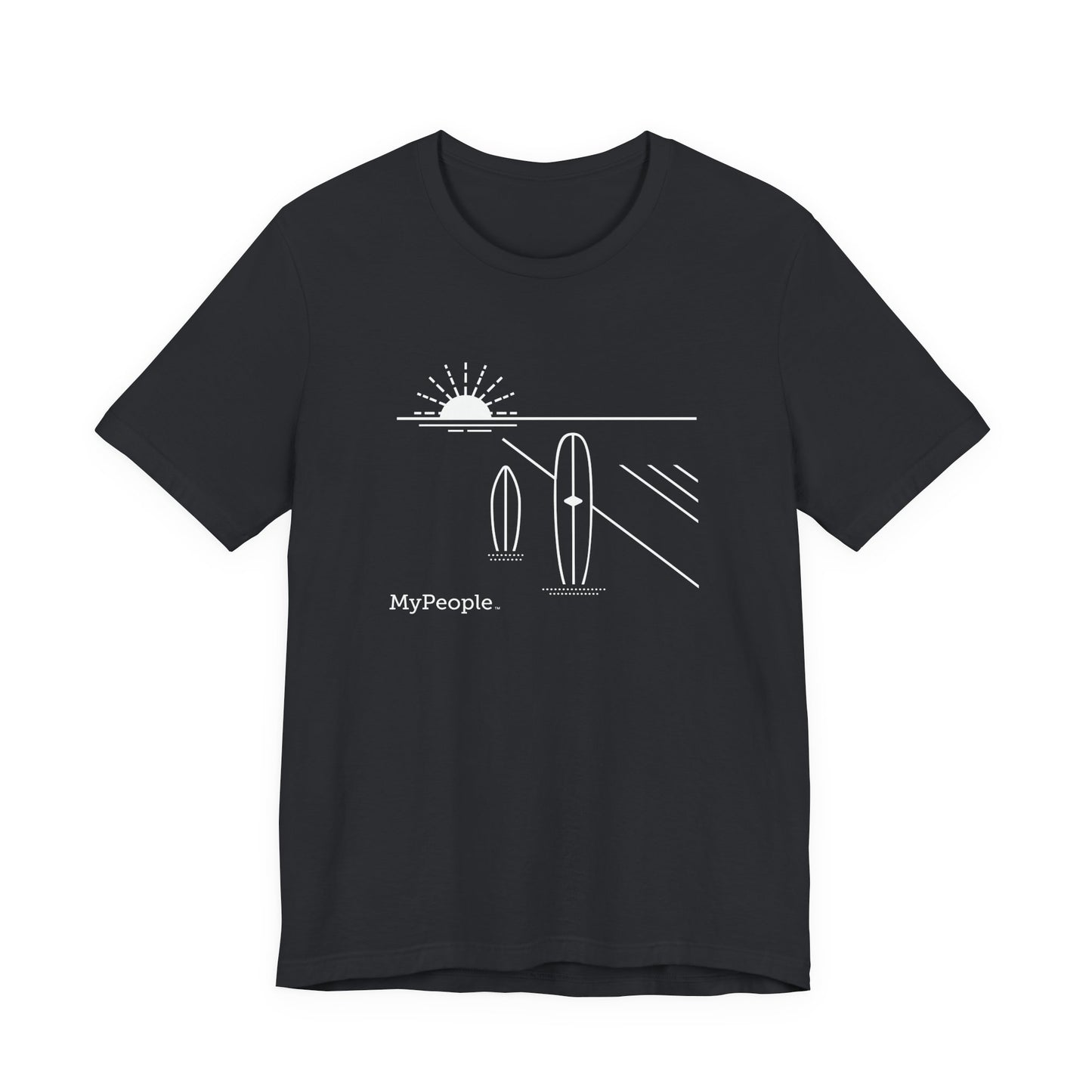 Line illustration of two surfboards standing upright in the sand with a setting sun, with the word MyPeople underneath on a unisex garment.