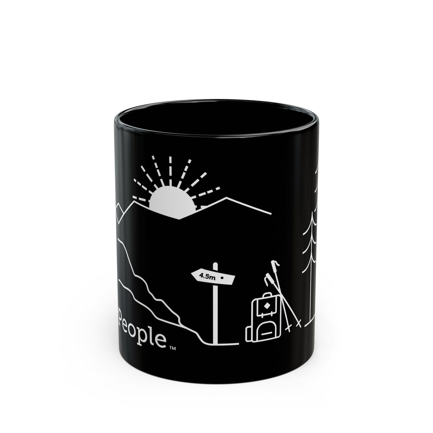 Line illustration of a backpack and hiking poles beside a trail sign, with a tree, mountains, and a setting sun, with the word MyPeople underneath printed on a ceramic mug.
