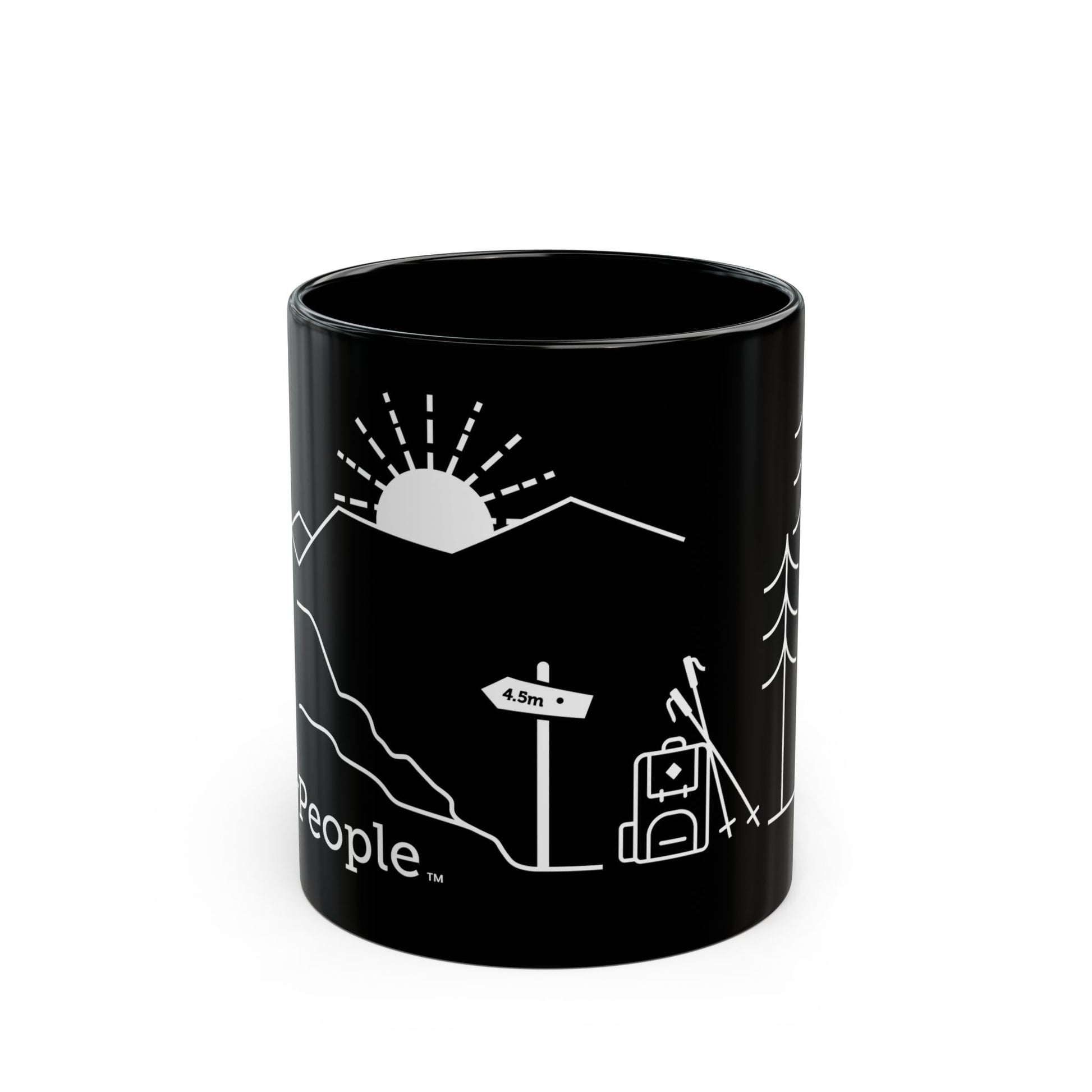 Line illustration of a backpack and hiking poles beside a trail sign, with a tree, mountains, and a setting sun, with the word MyPeople underneath printed on a ceramic mug.
