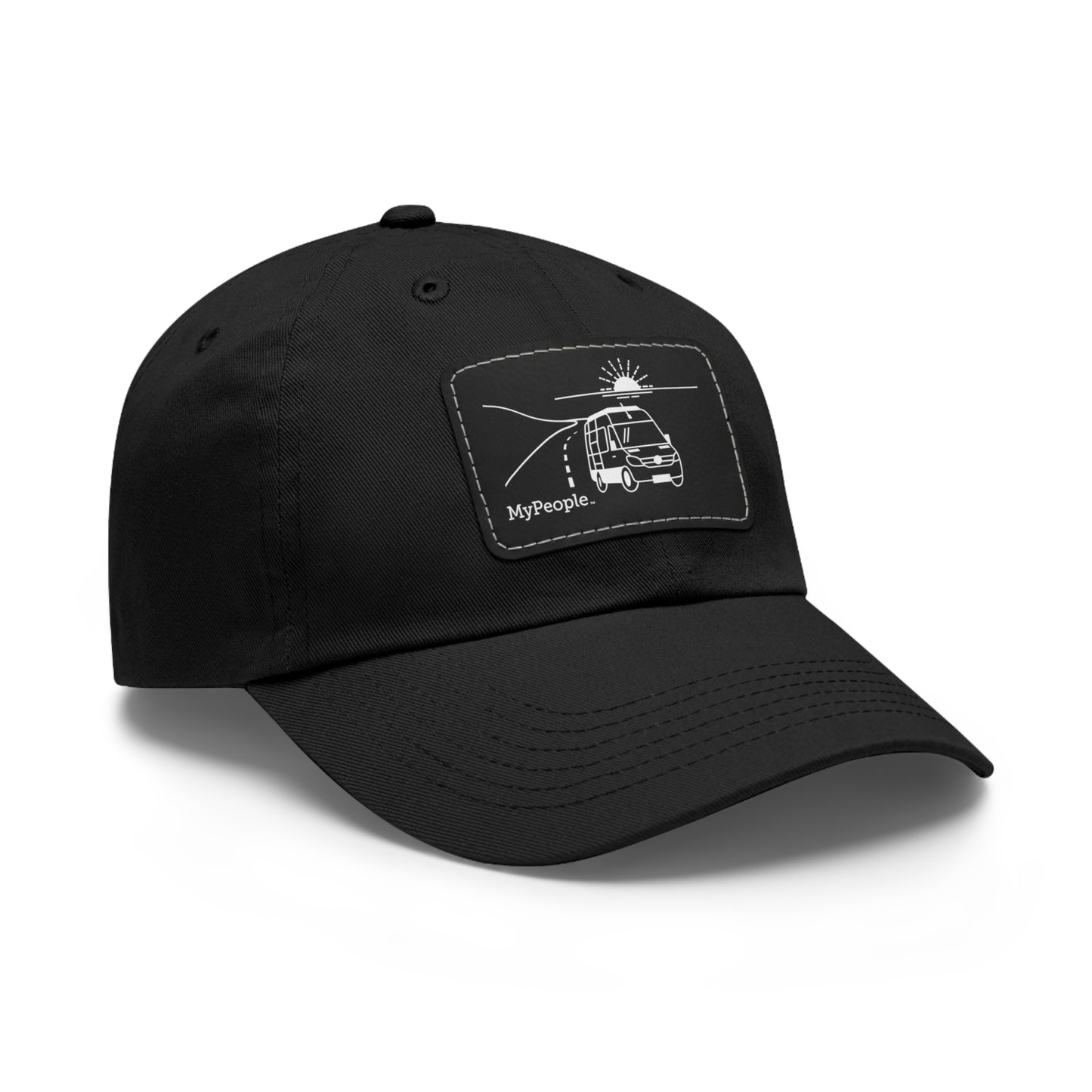 Angled view of a hat with a leather patch printed with the MyPeople Van Life line illustration.
