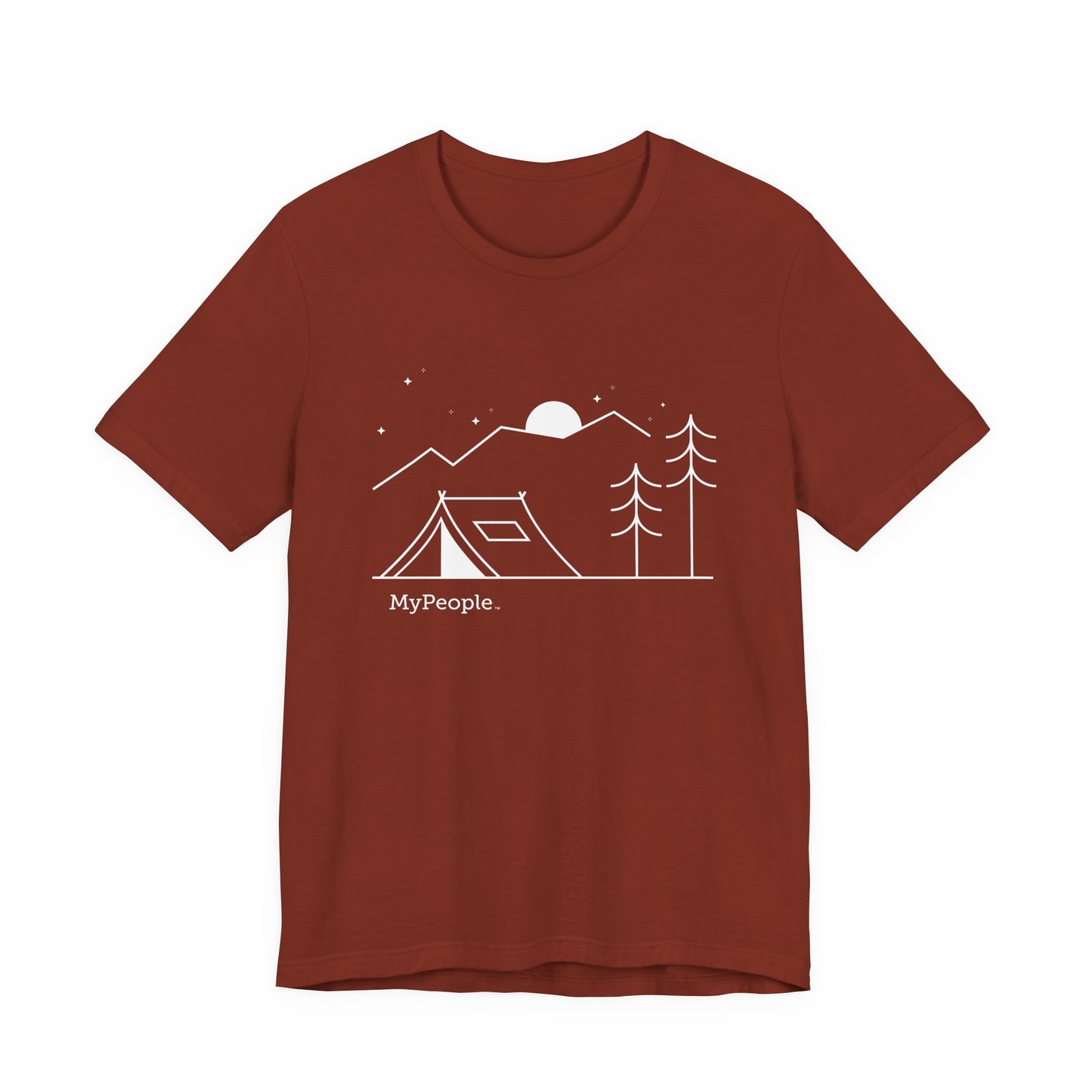 Line illustration of a tent beneath a tree with mountains, stars, and a moon, with the word MyPeople underneath on a unisex garment.